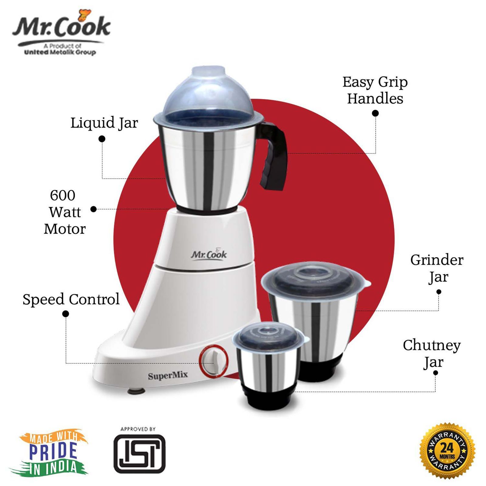 MR COOK SuperMix 600 Watt 3 Jars Mixer Grinder (Shock Proof Body, White)_5