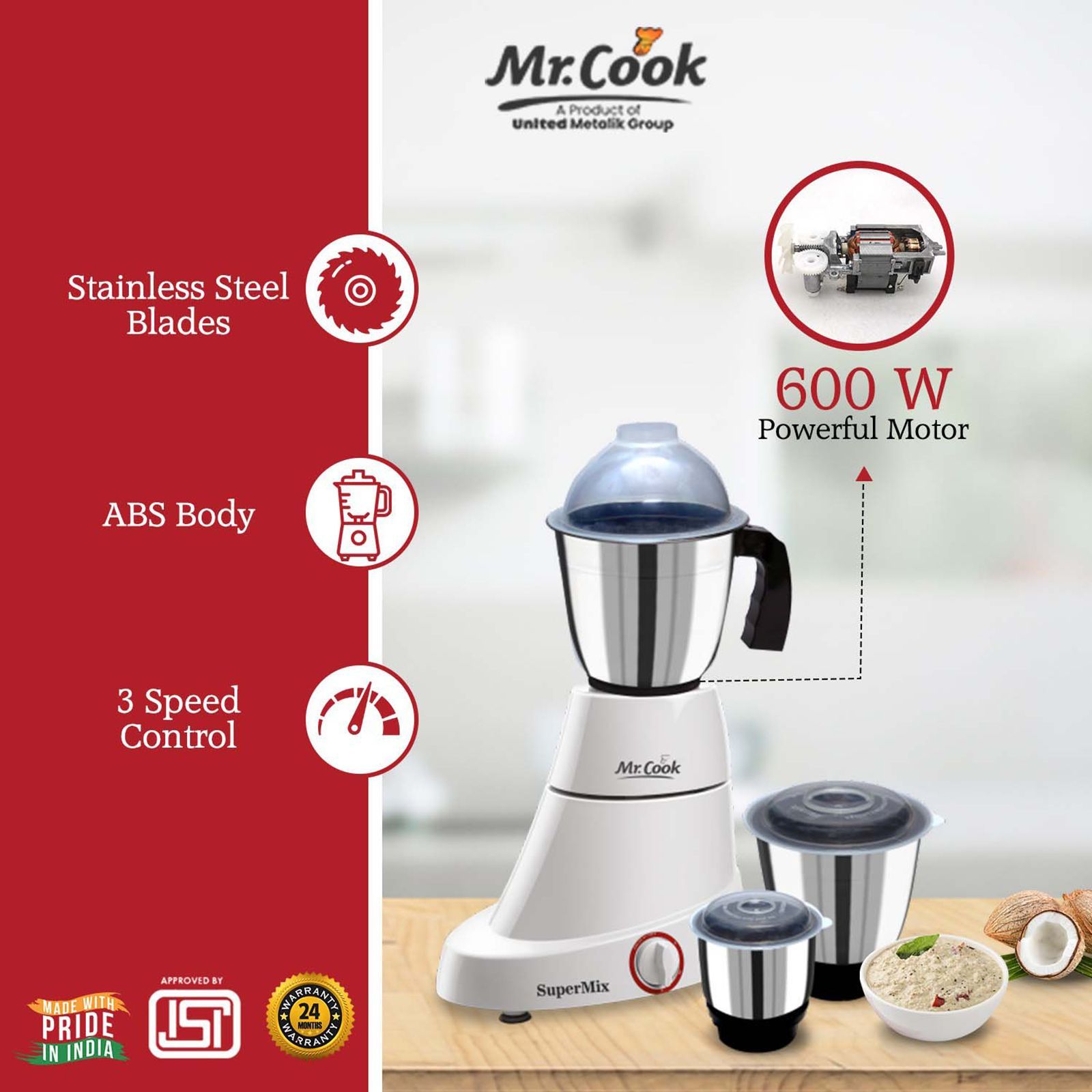 MR COOK SuperMix 600 Watt 3 Jars Mixer Grinder (Shock Proof Body, White)_6