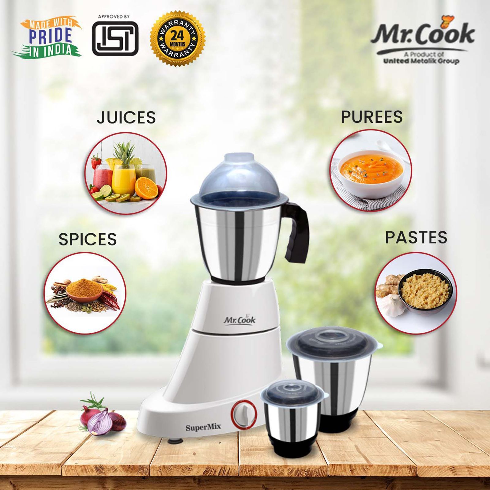 MR COOK SuperMix 600 Watt 3 Jars Mixer Grinder (Shock Proof Body, White)_7