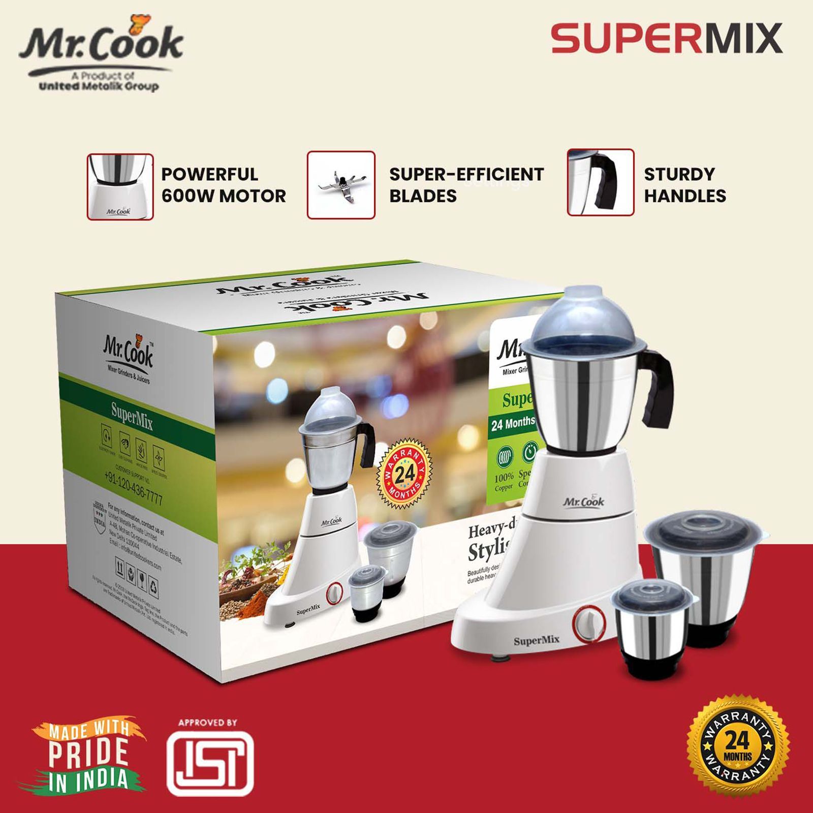 MR COOK SuperMix 600 Watt 3 Jars Mixer Grinder (Shock Proof Body, White)_8