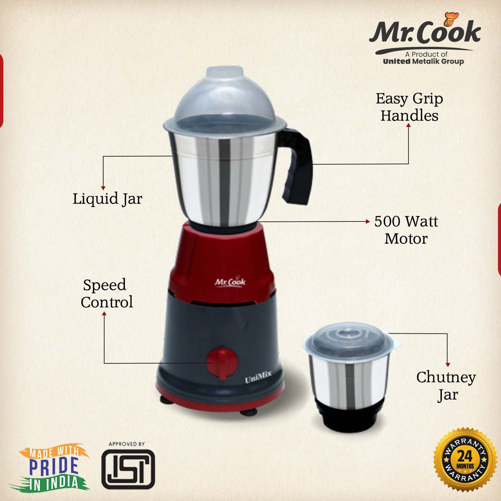 MR COOK UniMix 500 Watt 2 Jars Mixer Grinder (Shock Proof Body, Maroon & Black) MR COOK UniMix 500 Watt 2 Jars Mixer Grinder (Shock Proof Body, Maroon & Black)_6