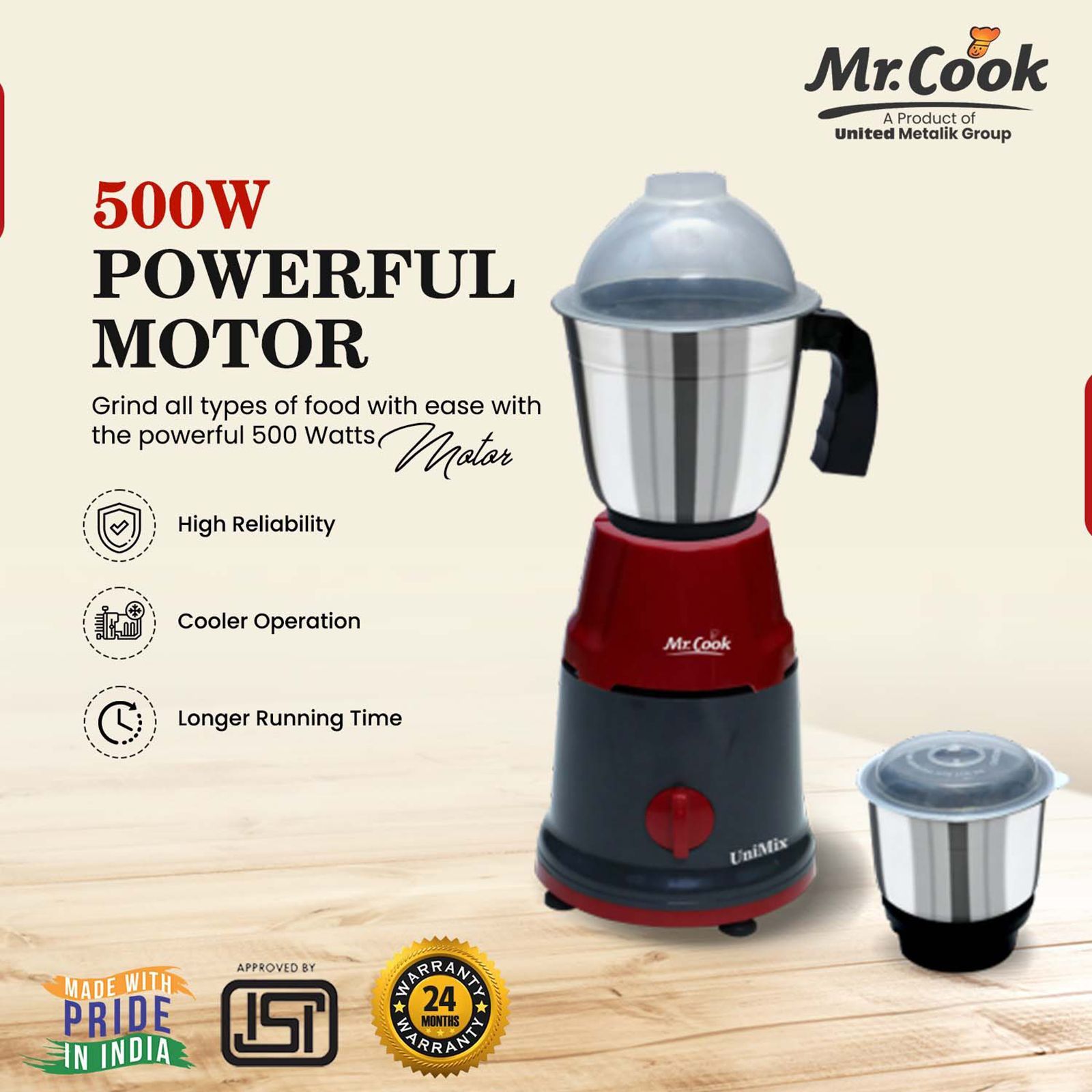 MR COOK UniMix 500 Watt 2 Jars Mixer Grinder (Shock Proof Body, Maroon & Black) MR COOK UniMix 500 Watt 2 Jars Mixer Grinder (Shock Proof Body, Maroon & Black)_7
