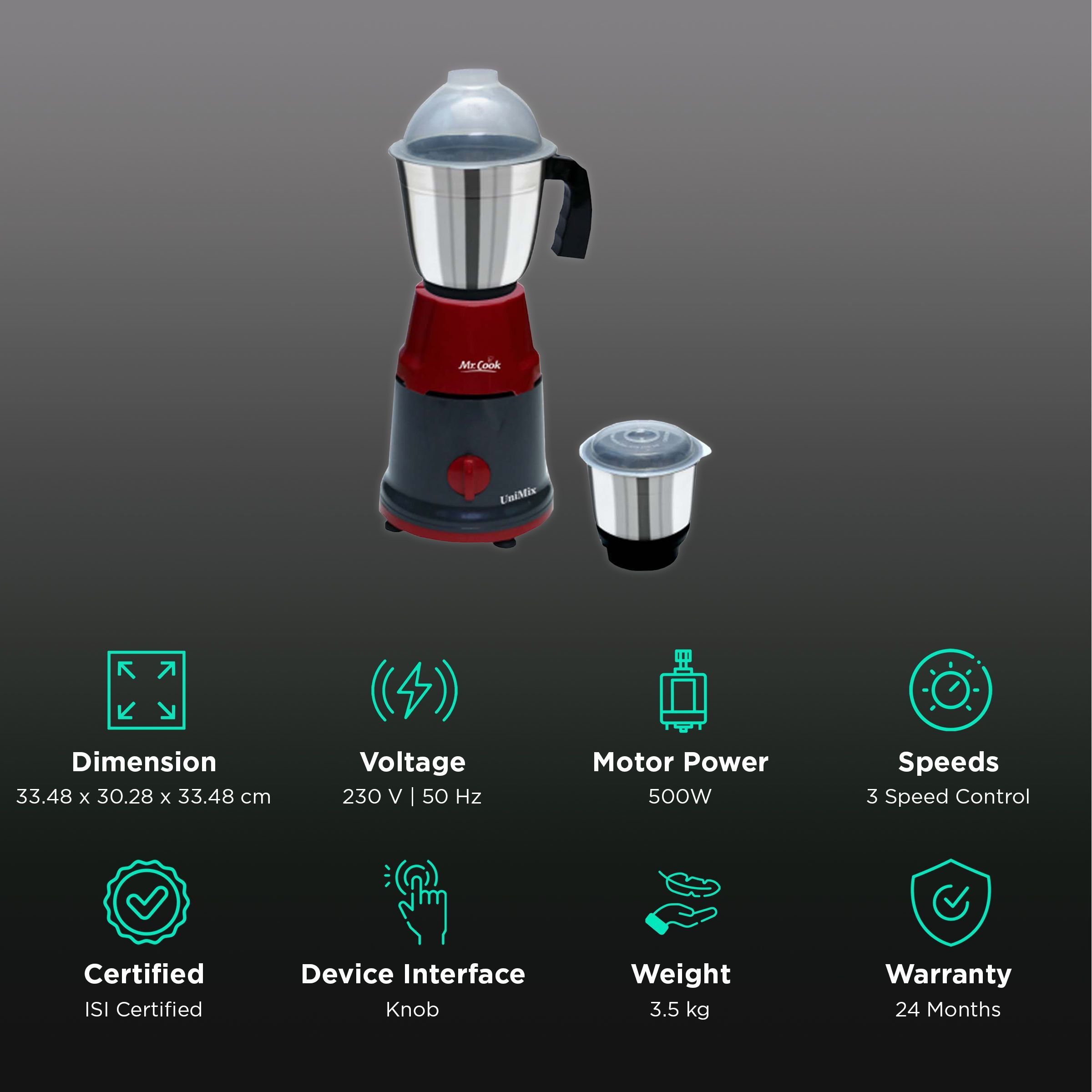 MR COOK UniMix 500 Watt 2 Jars Mixer Grinder (Shock Proof Body, Maroon & Black) MR COOK UniMix 500 Watt 2 Jars Mixer Grinder (Shock Proof Body, Maroon & Black)_2