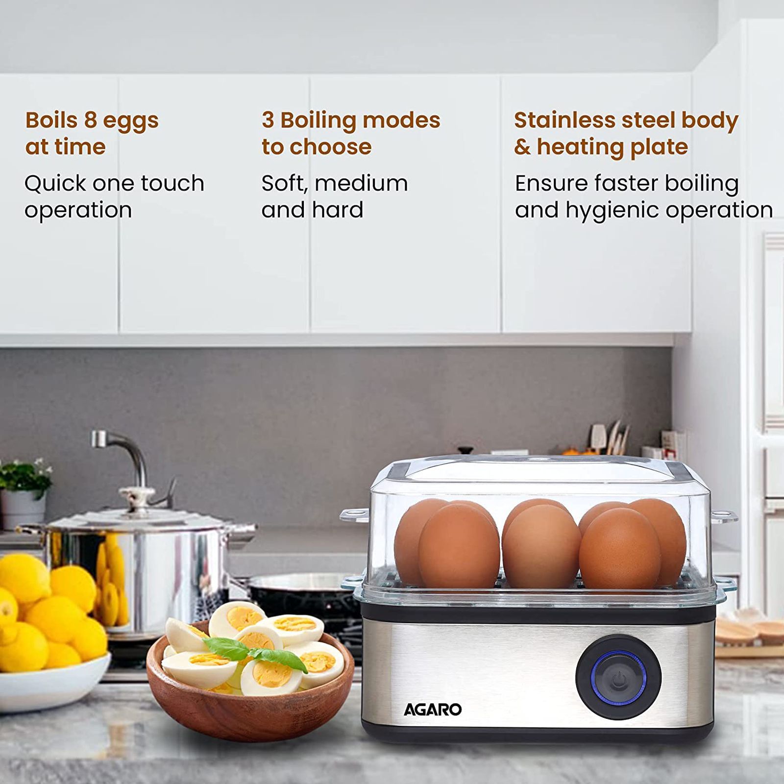 AGARO Grand 8 Egg Electric Egg Boiler & Poacher with Auto Shut Off (Silver)_6