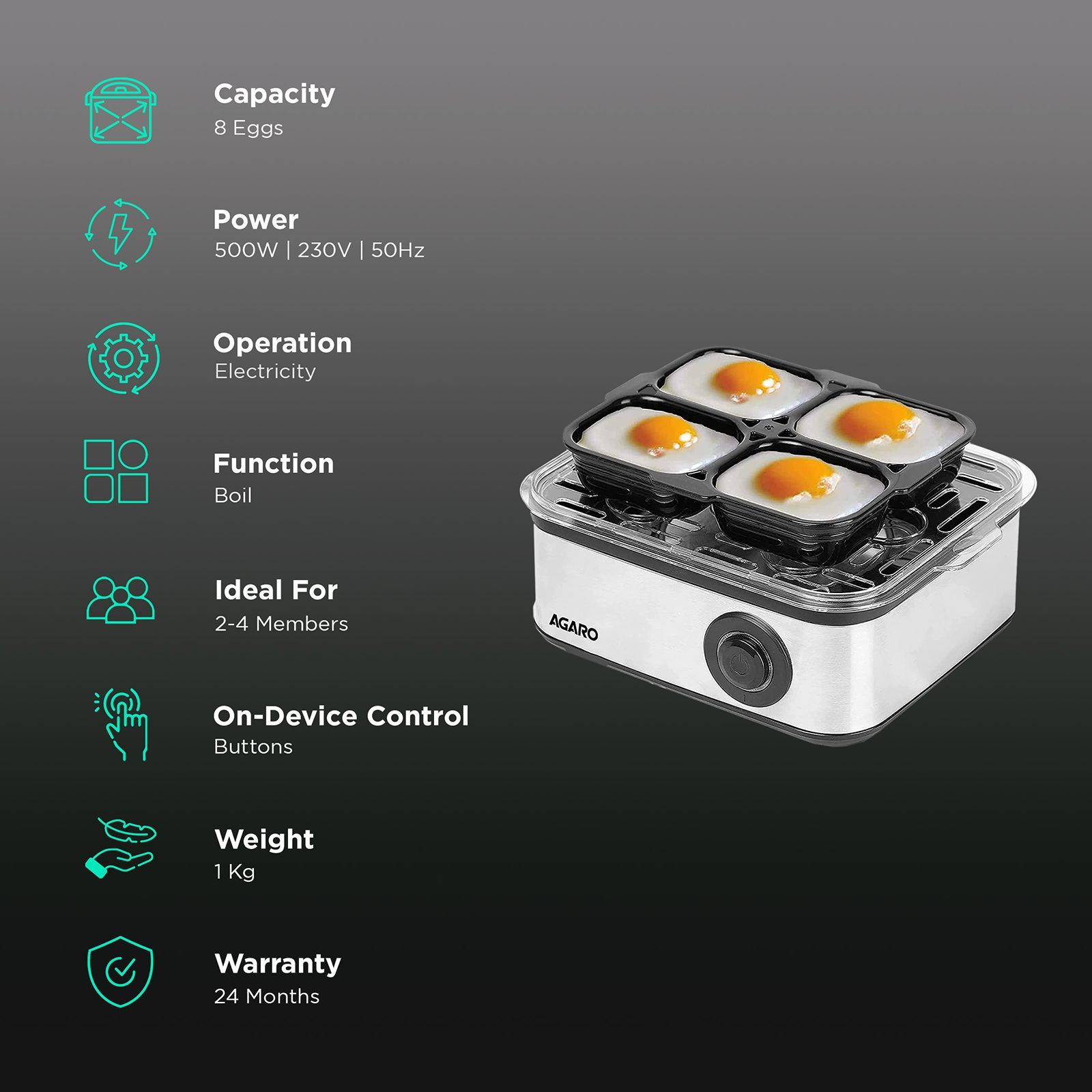 AGARO Grand 8 Egg Electric Egg Boiler & Poacher with Auto Shut Off (Silver)_3