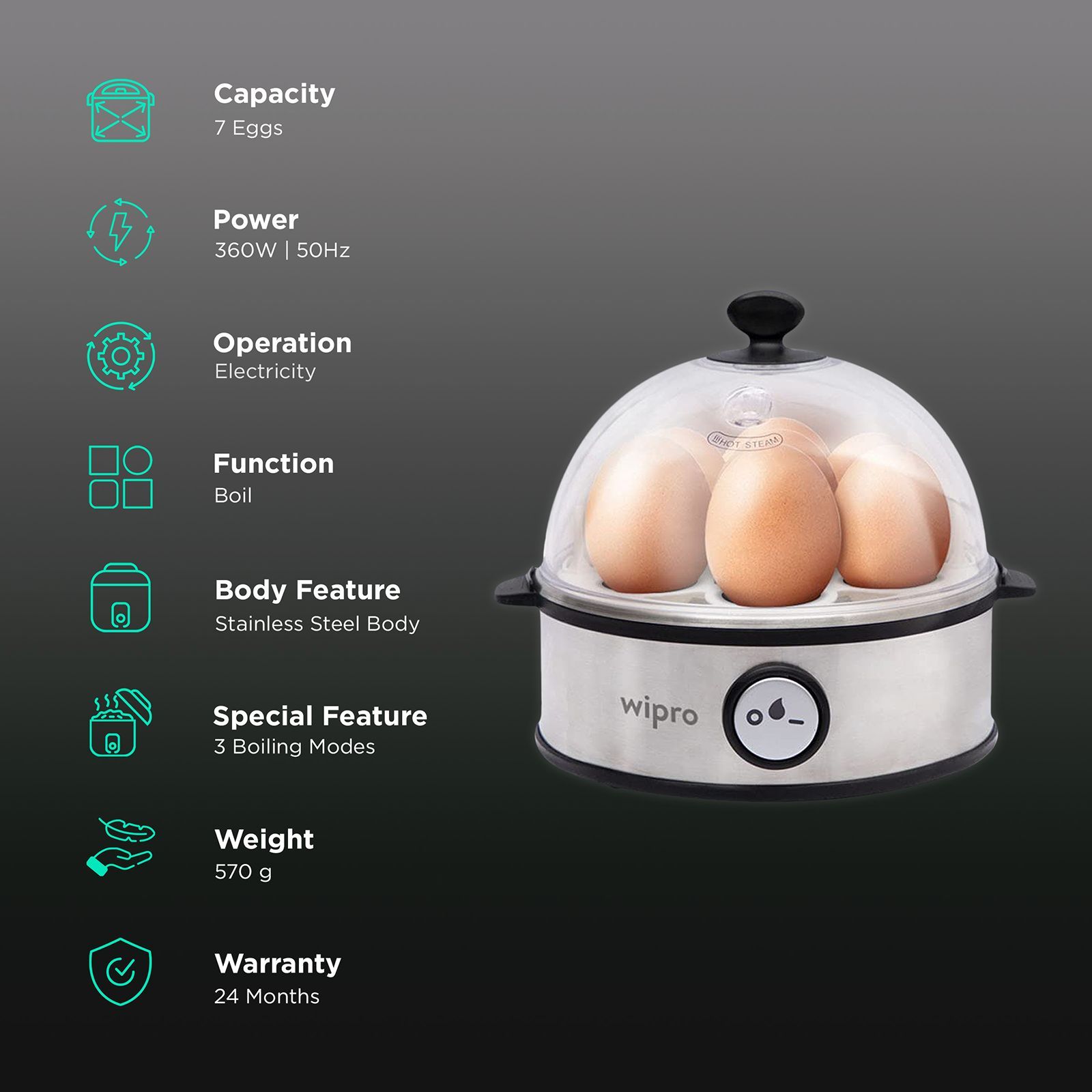 wipro Vesta 7 Egg Electric Egg Boiler with 3 Boil Modes (White)_3