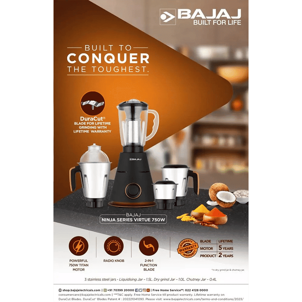 BAJAJ Ninja Virtue 750 Watt 4 Jars Mixer Grinder (20000 RPM, Overload Protection, Black) BAJAJ Ninja Virtue 750 Watt 4 Jars Mixer Grinder (20000 RPM, Overload Protection, Black)_8