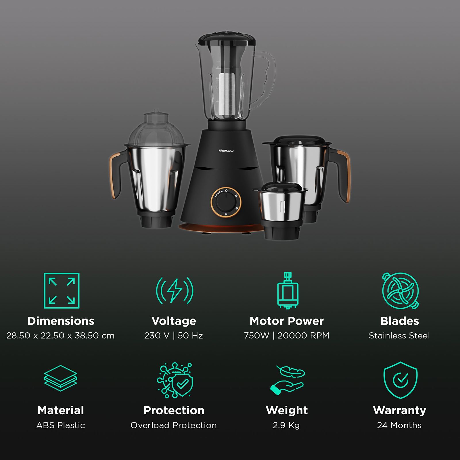 BAJAJ Ninja Virtue 750 Watt 4 Jars Mixer Grinder (20000 RPM, Overload Protection, Black) BAJAJ Ninja Virtue 750 Watt 4 Jars Mixer Grinder (20000 RPM, Overload Protection, Black)_2