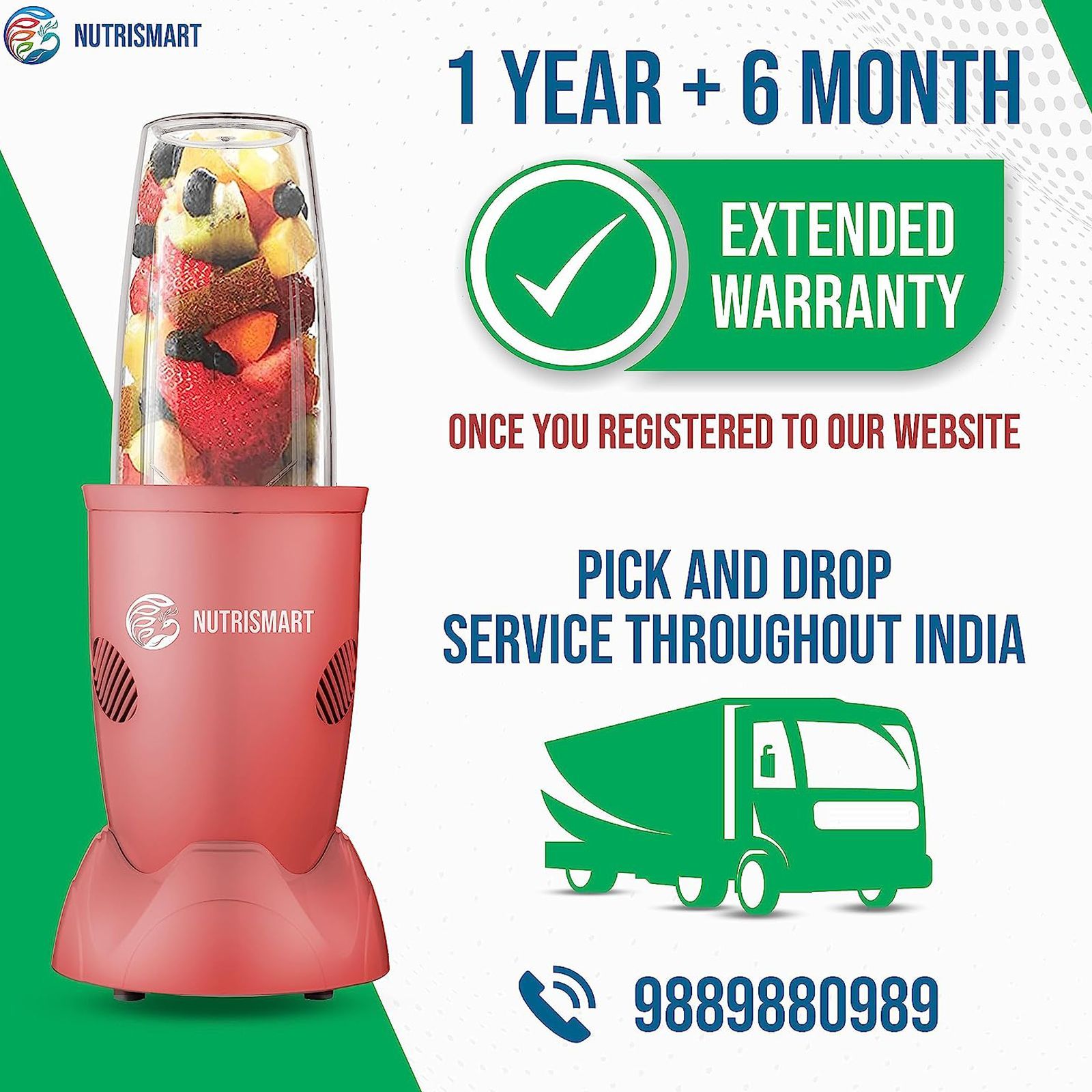 NutriSmart Nutriblend 500 Watt 2 Jars Mixer Grinder (22000 RPM, Overload Protection, Matt Pink)_6