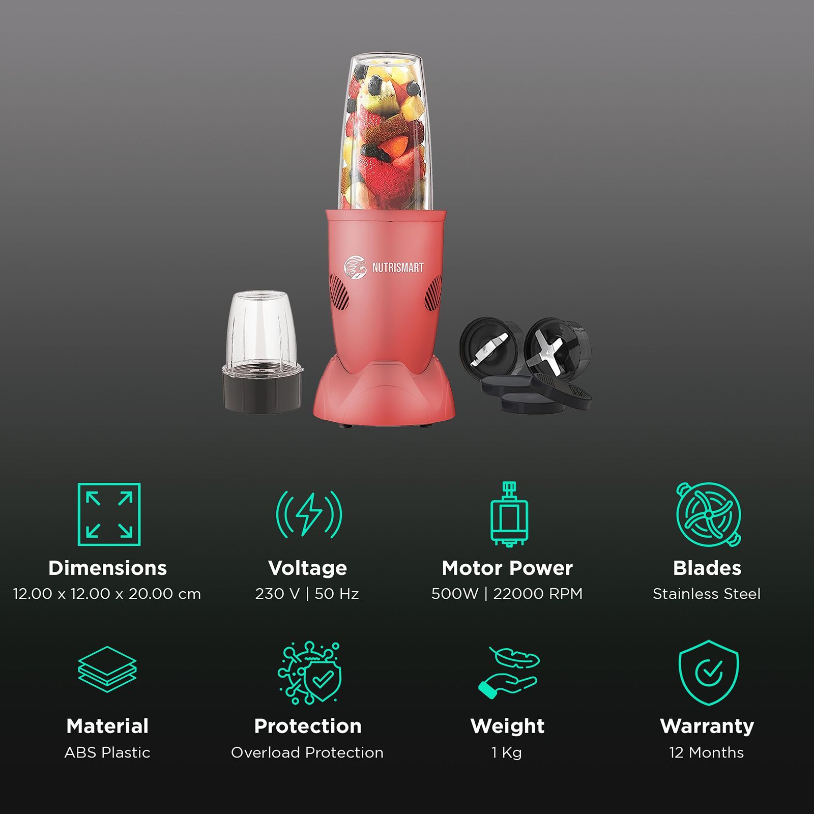 NutriSmart Nutriblend 500 Watt 2 Jars Mixer Grinder (22000 RPM, Overload Protection, Matt Pink)_2