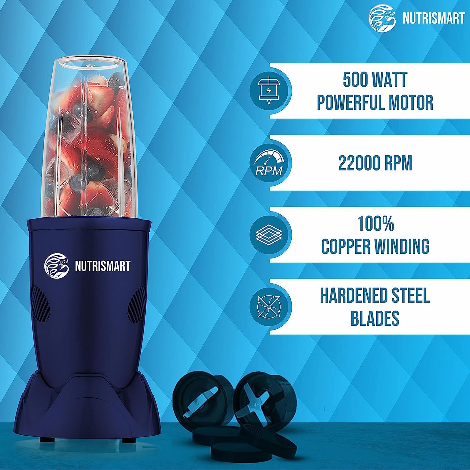 NutriSmart Nutriblend 500 Watt 2 Jars Mixer Grinder (22000 RPM, Overload Protection, Matt Blue) NutriSmart Nutriblend 500 Watt 2 Jars Mixer Grinder (22000 RPM, Overload Protection, Matt Blue)_8