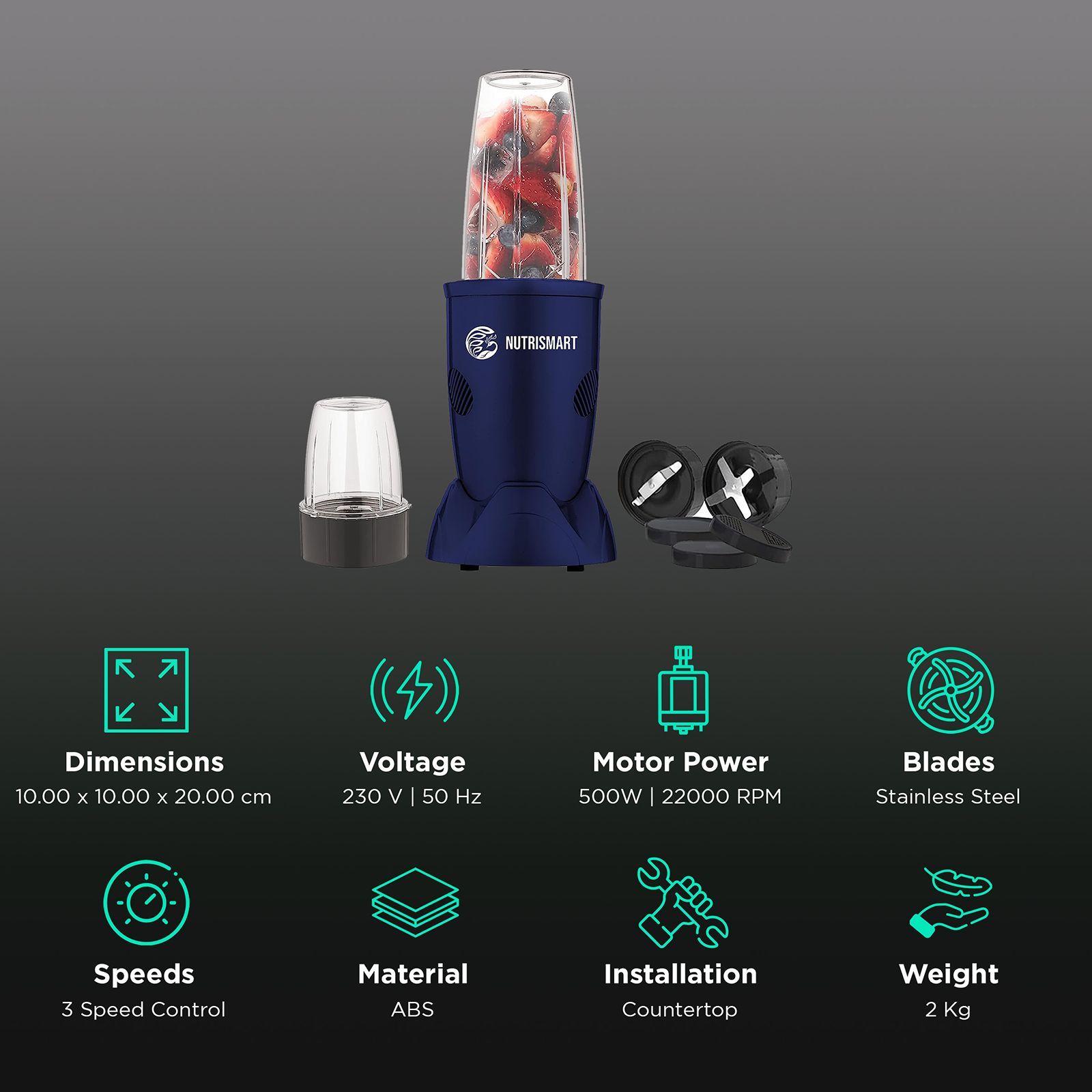 NutriSmart Nutriblend 500 Watt 2 Jars Mixer Grinder (22000 RPM, Overload Protection, Matt Blue) NutriSmart Nutriblend 500 Watt 2 Jars Mixer Grinder (22000 RPM, Overload Protection, Matt Blue)_2