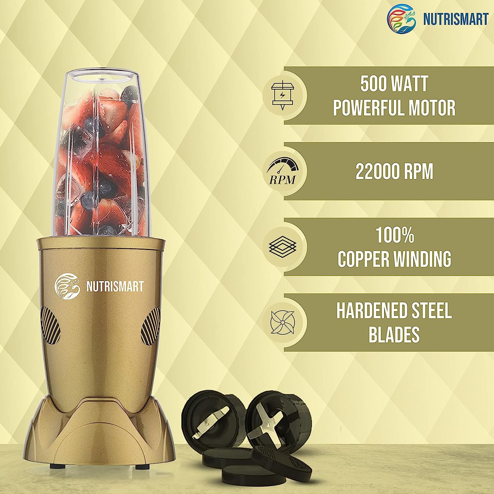 NutriSmart Nutriblend 500 Watt 2 Jars Mixer Grinder (22000 RPM, Overload Protection, Mehndi Green)_7