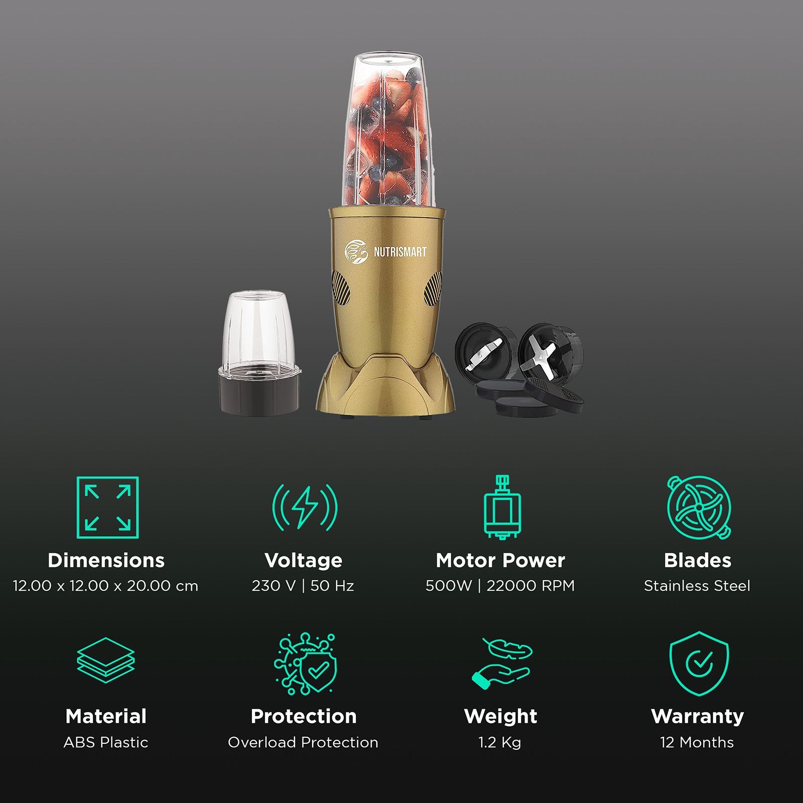 NutriSmart Nutriblend 500 Watt 2 Jars Mixer Grinder (22000 RPM, Overload Protection, Mehndi Green)_2