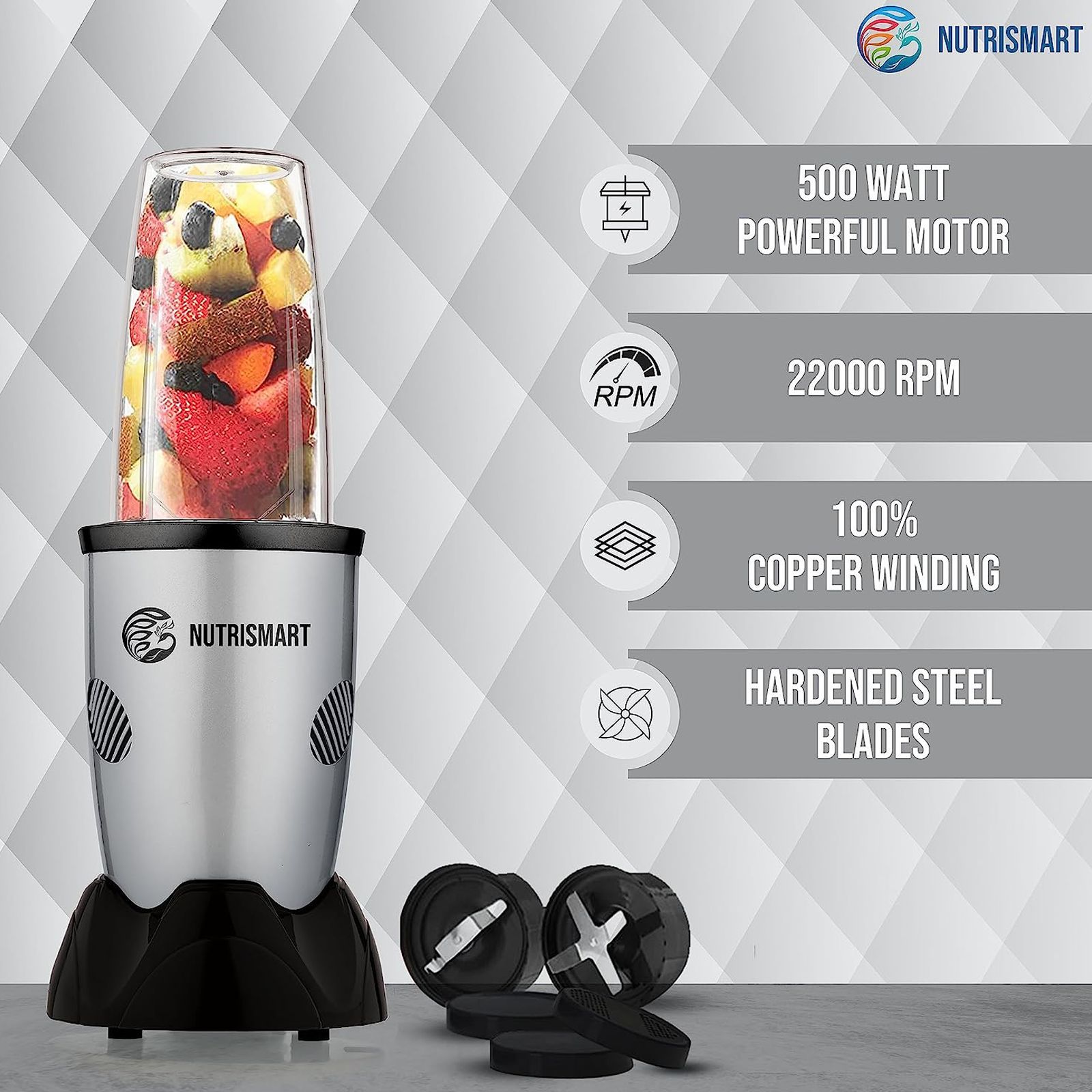 NutriSmart Nutriblend 500 Watt 2 Jars Mixer Grinder (22000 RPM, Overload Protection, Silver)_5