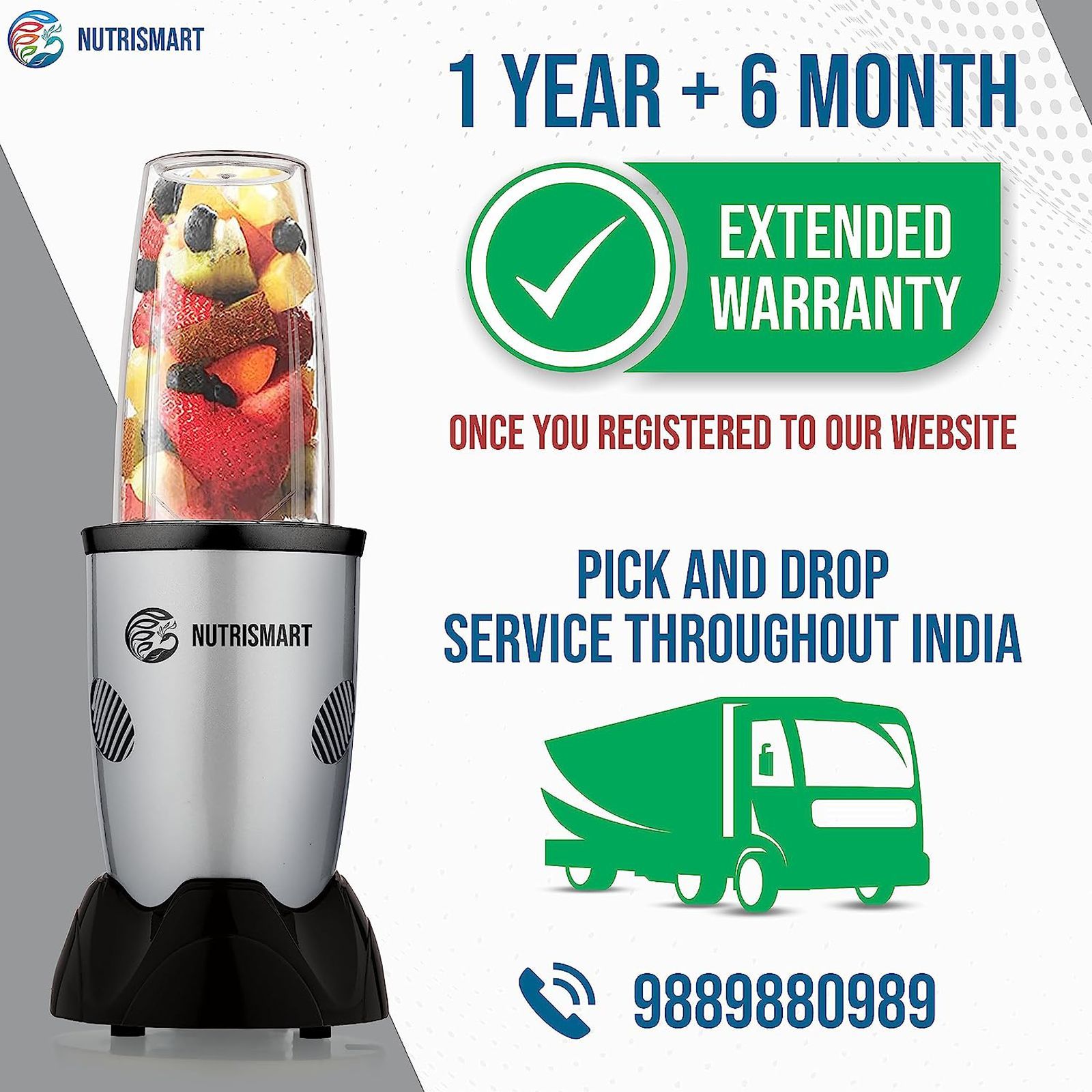 NutriSmart Nutriblend 500 Watt 2 Jars Mixer Grinder (22000 RPM, Overload Protection, Silver)_7