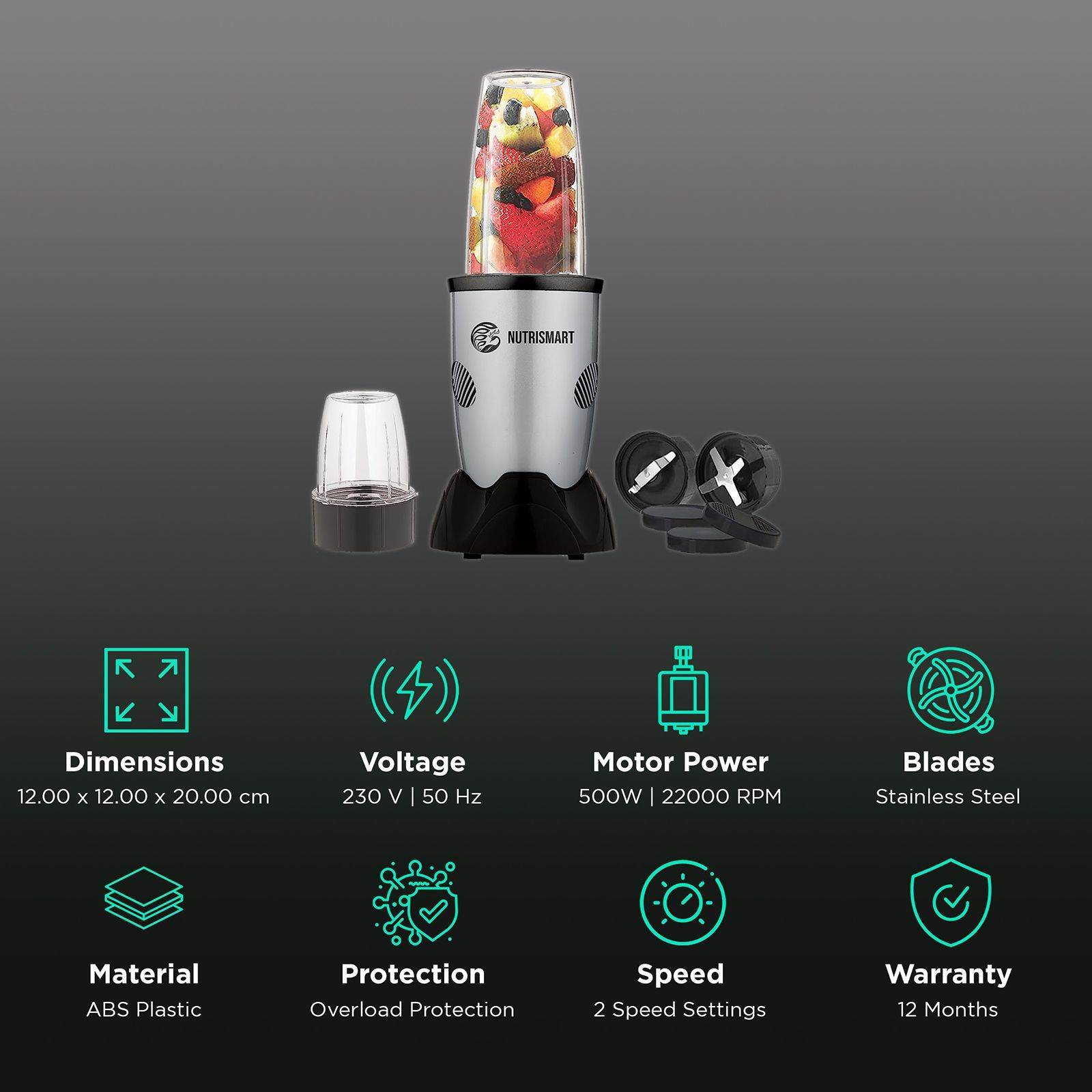 NutriSmart Nutriblend 500 Watt 2 Jars Mixer Grinder (22000 RPM, Overload Protection, Silver)_2