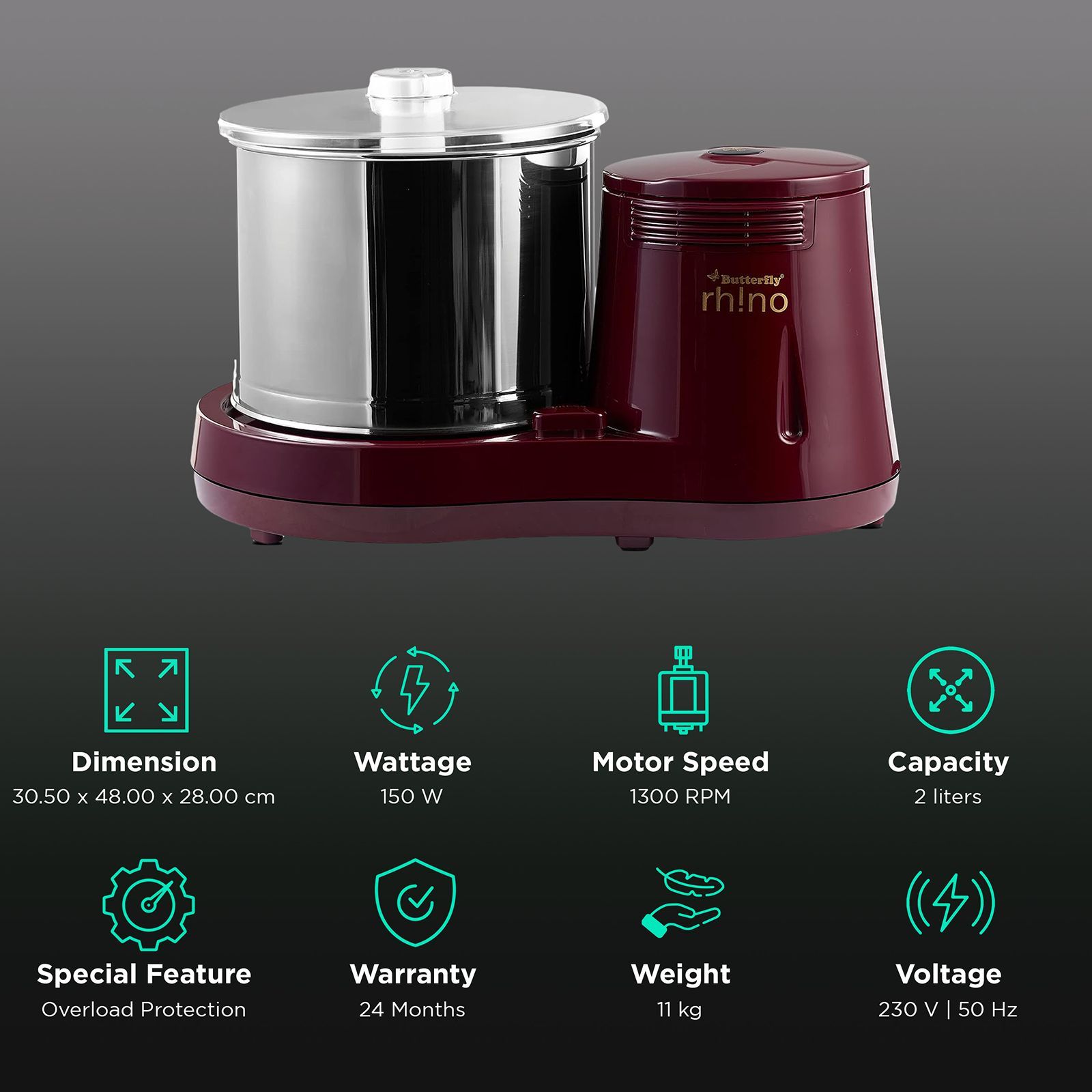 Butterfly Rhino 2 Litres 2 Stones Wet Grinder (Motor Overload Protector, Cherry Red) Butterfly Rhino 2 Litres 2 Stones Wet Grinder (Motor Overload Protector, Cherry Red)_2