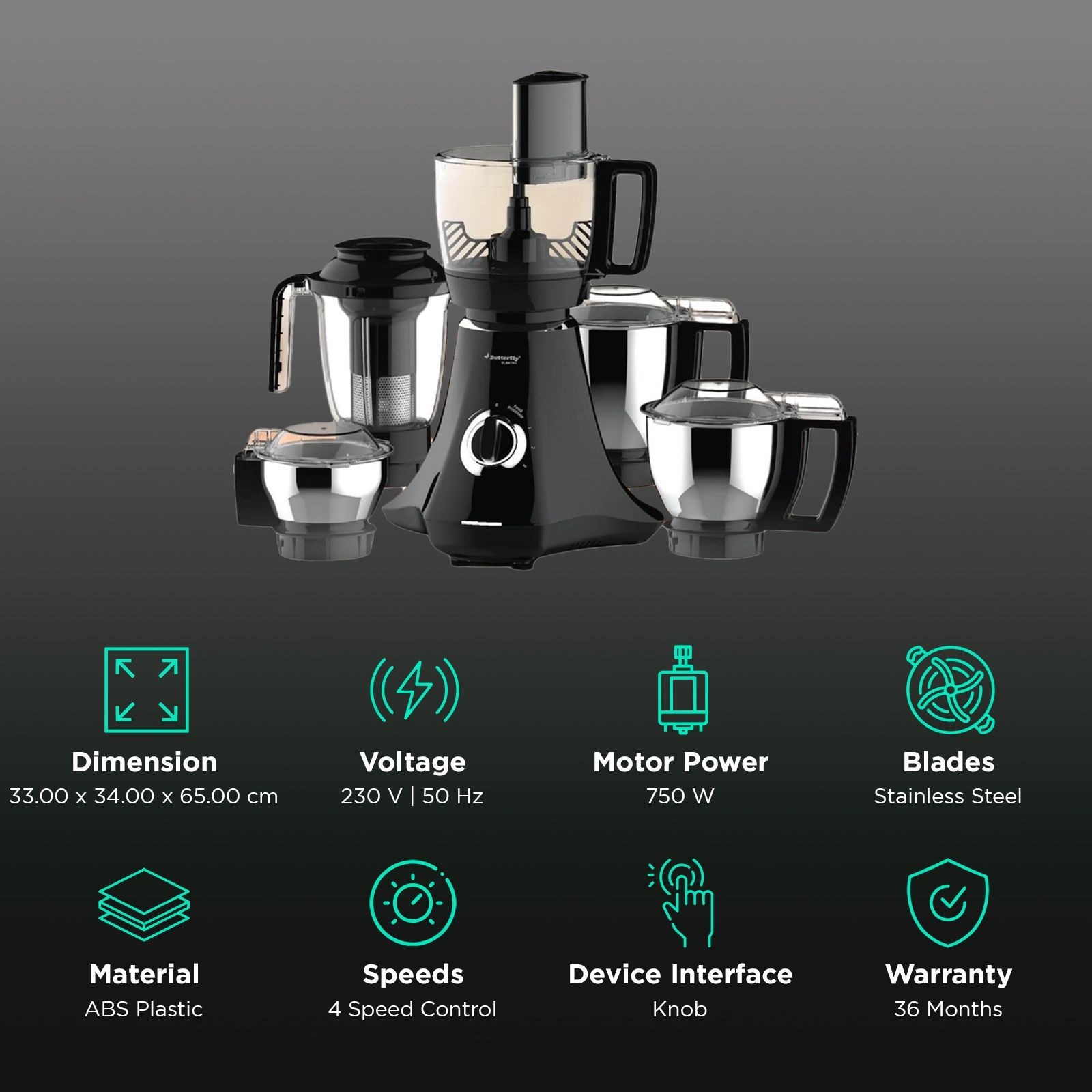 Butterfly ELEKTRA 750 Watt 6 Jars Juicer Mixer Grinder (21000 RPM, FPSS Technology, Black)_3