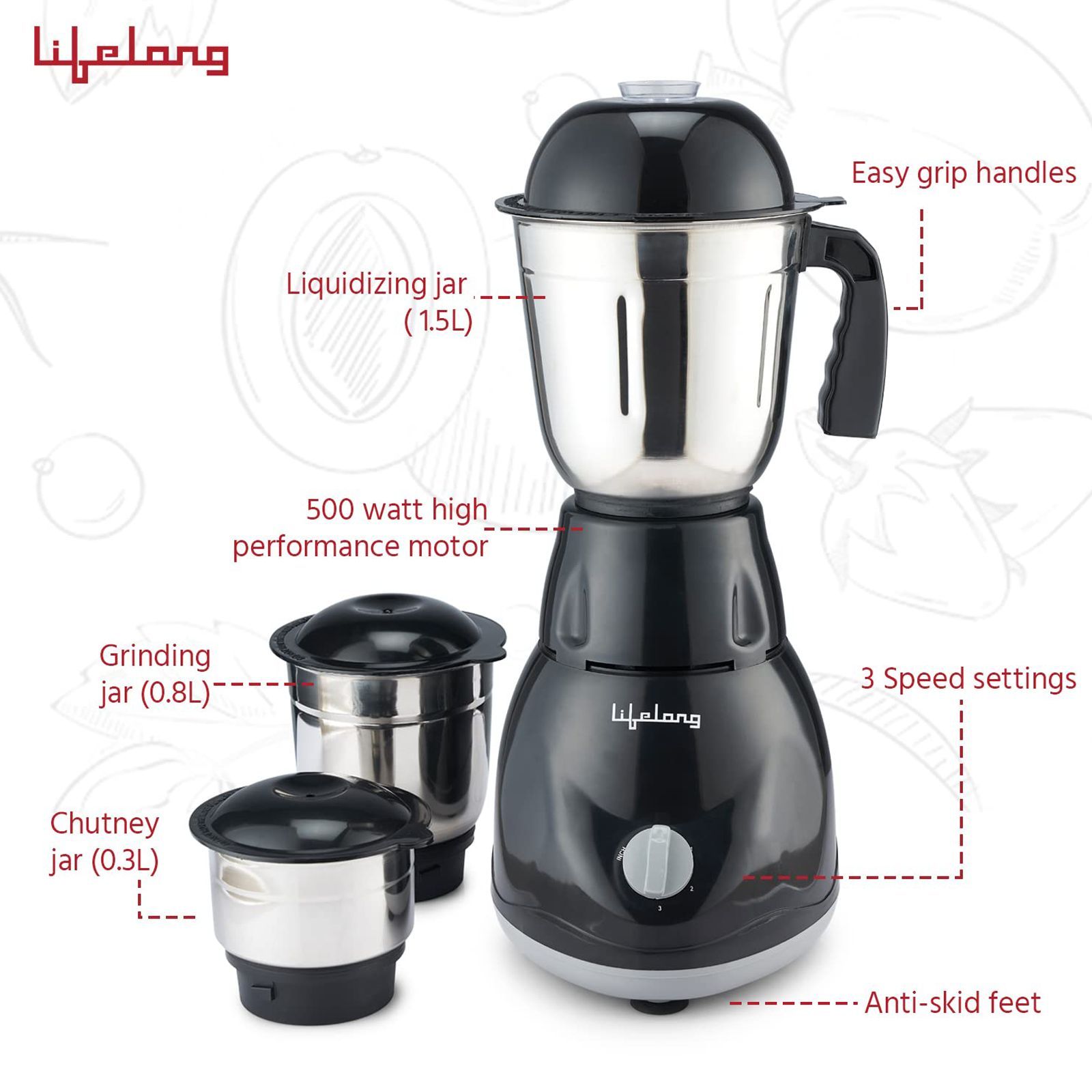 Lifelong Power Pro 500 Watt 3 Jars Mixer Grinder (18000 RPM, Overload Safety Button, Black)_4