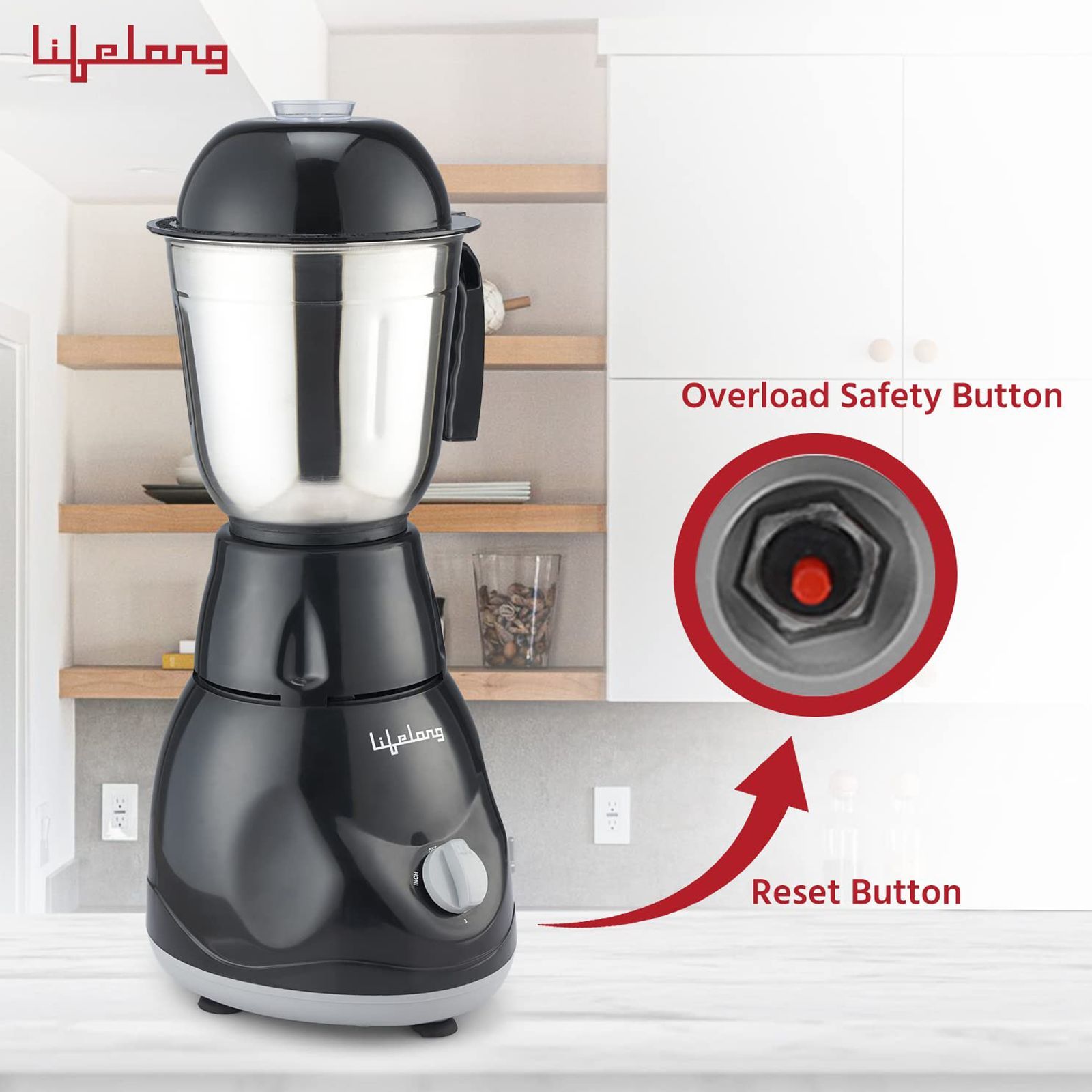 Lifelong Power Pro 500 Watt 3 Jars Mixer Grinder (18000 RPM, Overload Safety Button, Black)_5