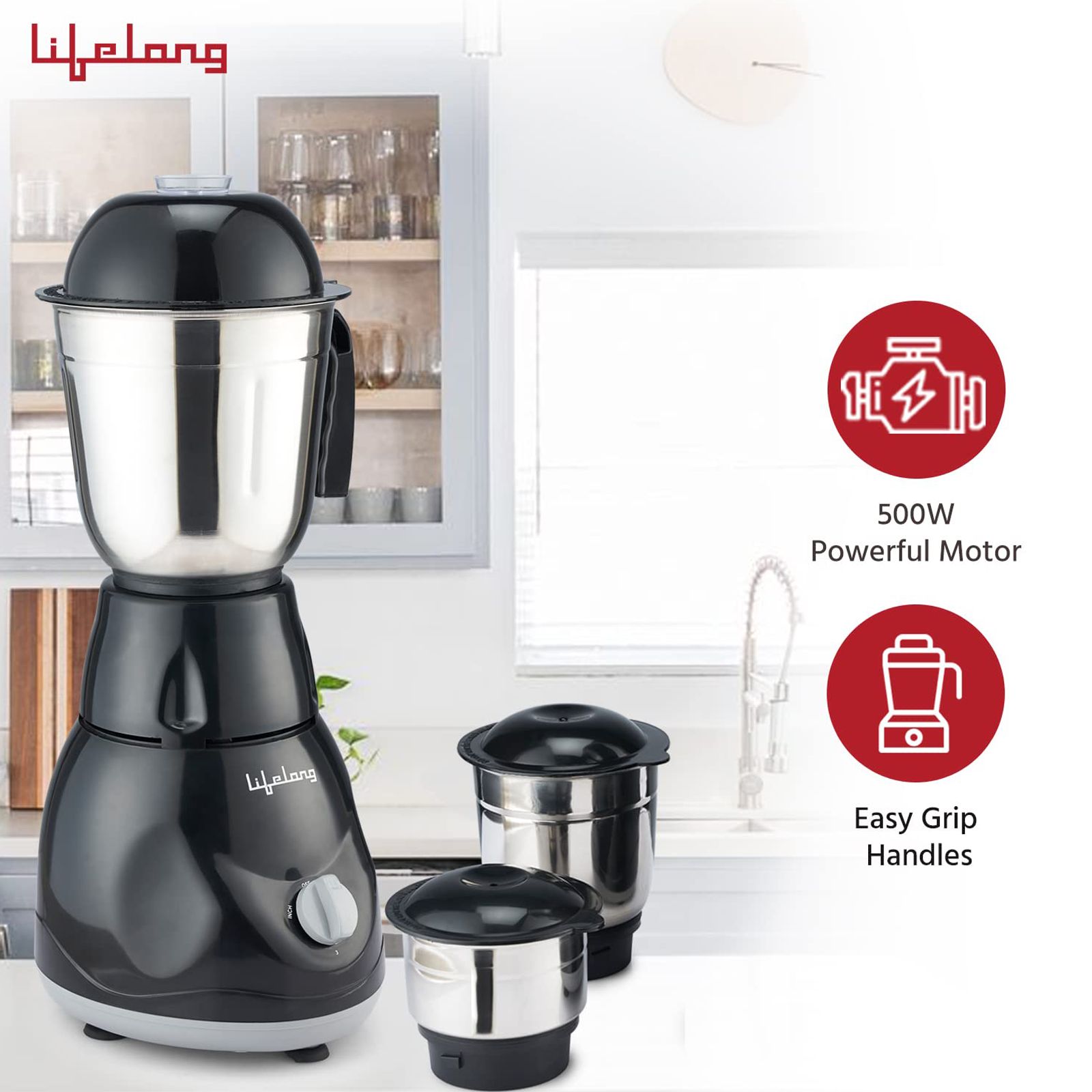 Lifelong Power Pro 500 Watt 3 Jars Mixer Grinder (18000 RPM, Overload Safety Button, Black)_6