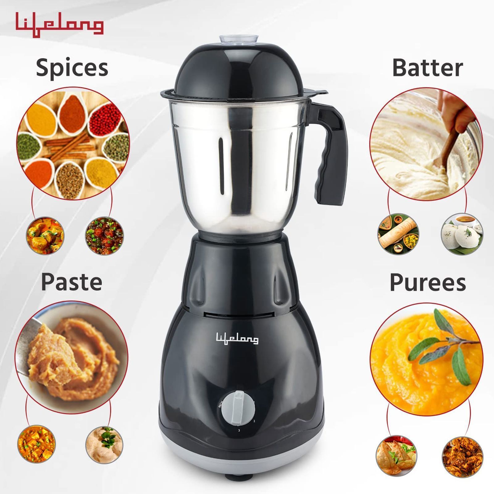 Lifelong Power Pro 500 Watt 3 Jars Mixer Grinder (18000 RPM, Overload Safety Button, Black)_7