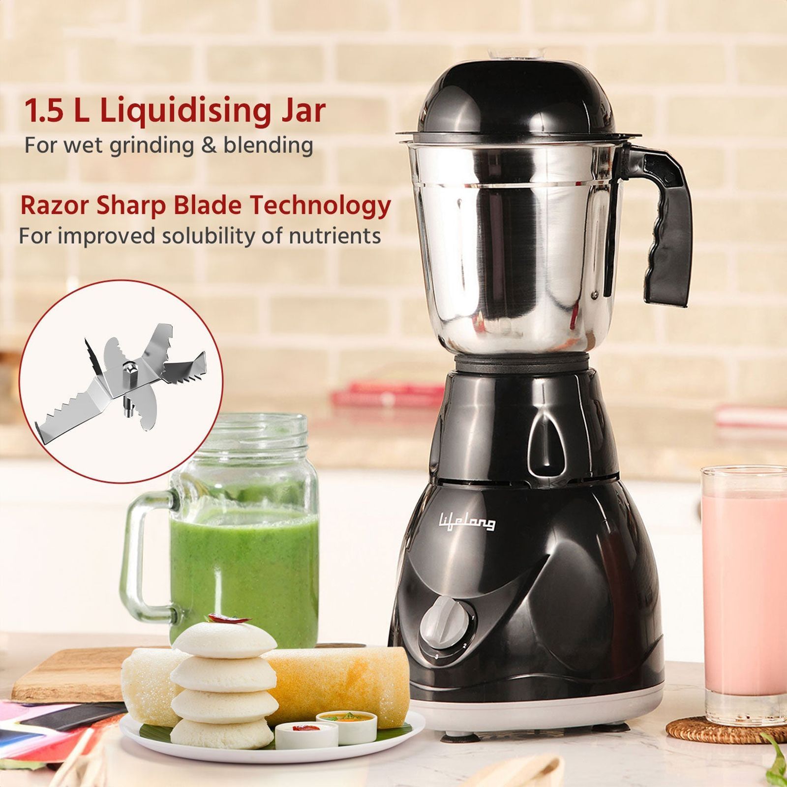 Lifelong Power Pro 500 Watt 3 Jars Mixer Grinder (18000 RPM, Overload Safety Button, Black)_10