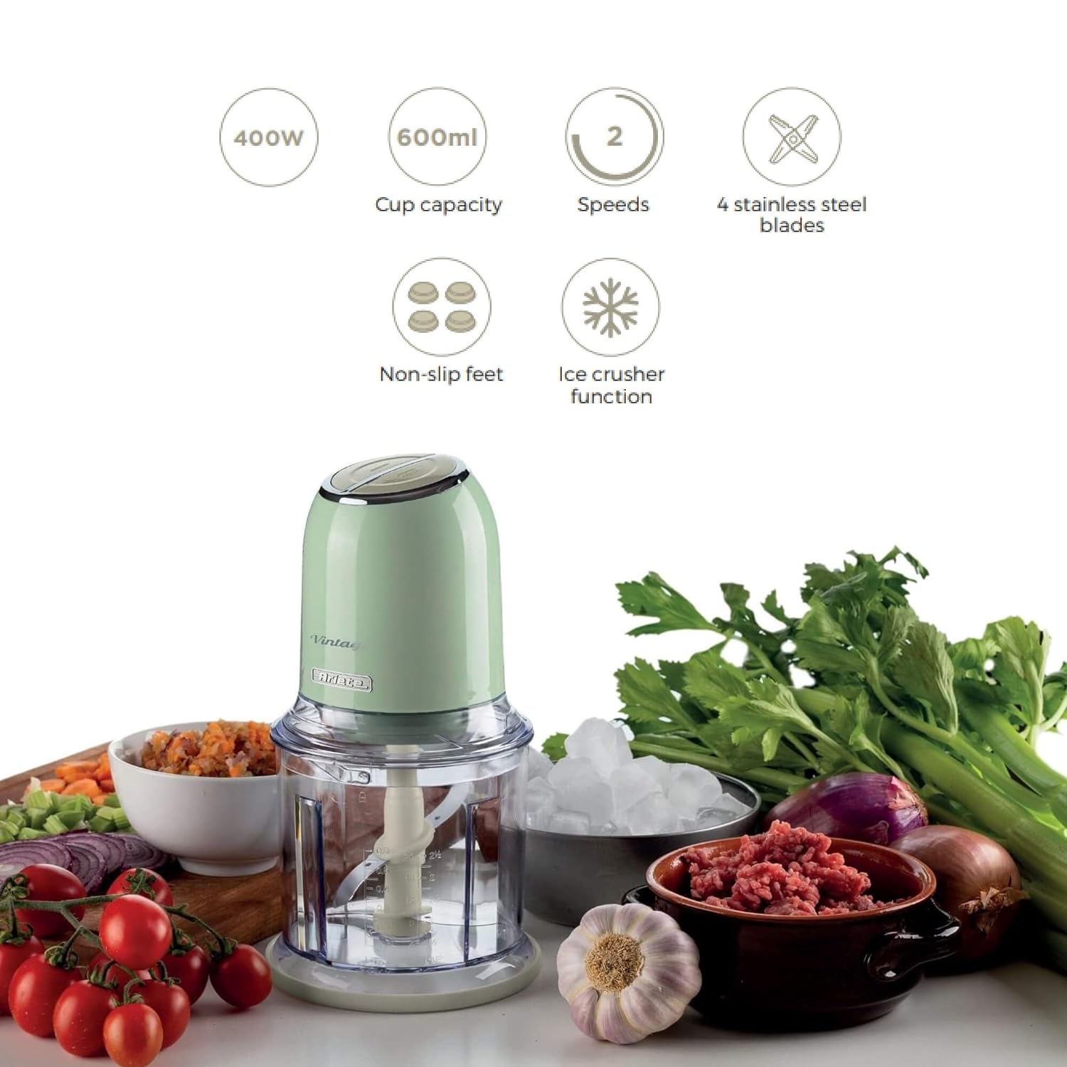 Ariete Vintage 400 Watt Vegetable and Fruit Chopper with 4 Blades (Green)_10