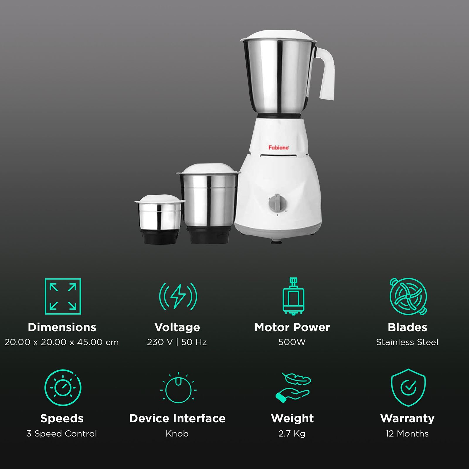 Fabiano Tulip 500 Watt 3 Jars Mixer Grinder (3 Speed Settings, White and Grey) Fabiano Tulip 500 Watt 3 Jars Mixer Grinder (3 Speed Settings, White and Grey)_2