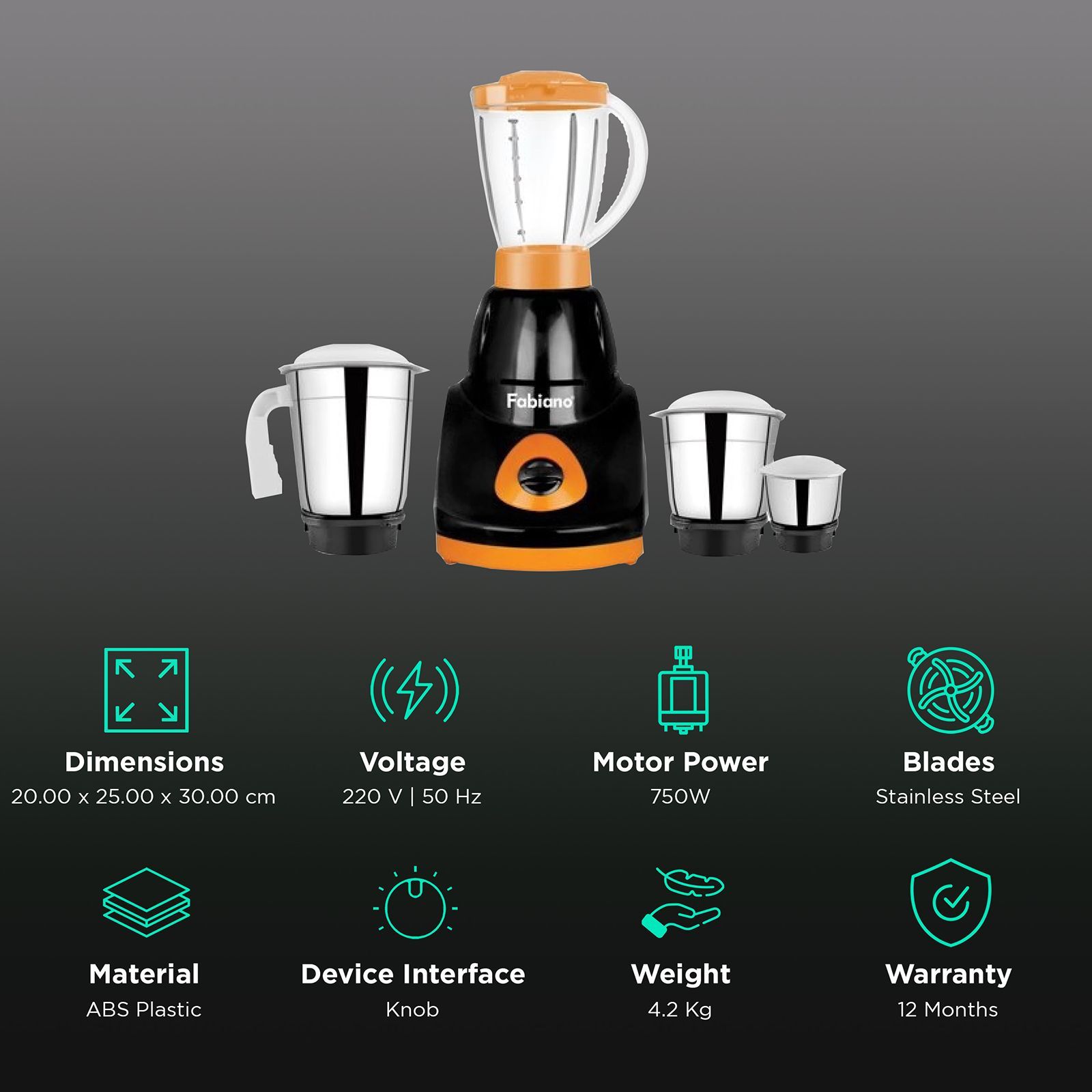 Fabiano FAB-MG-SMART 750 Watt 4 Jars Mixer Grinder (Locking System, Black and Orange)_2