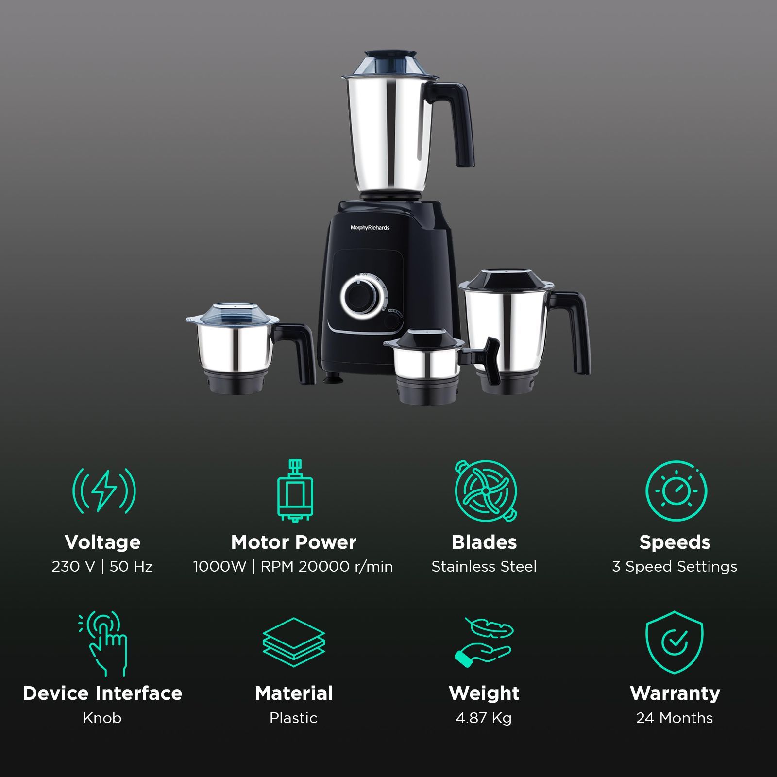 Morphy Richards Grindpro Maxx 1000 Watt 4 Jars Mixer Grinder (20000 RPM, Copper Motor, Black)_2
