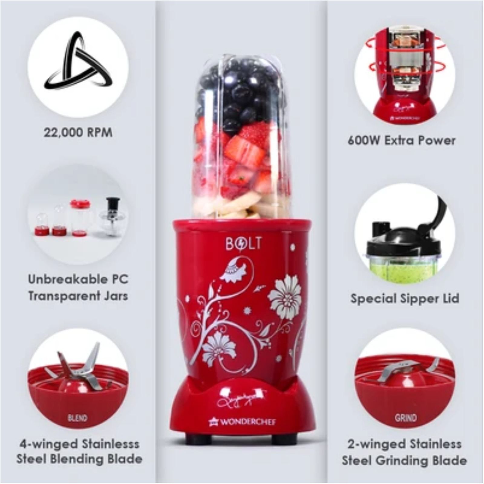WONDERCHEF Nutri-blend BOLT 600 Watt 2 Jars Mixer Grinder Blender (22000 RPM, Special Sipper Lid, Red) WONDERCHEF Nutri-blend BOLT 600 Watt 2 Jars Mixer Grinder Blender (22000 RPM, Special Sipper Lid, Red)_8