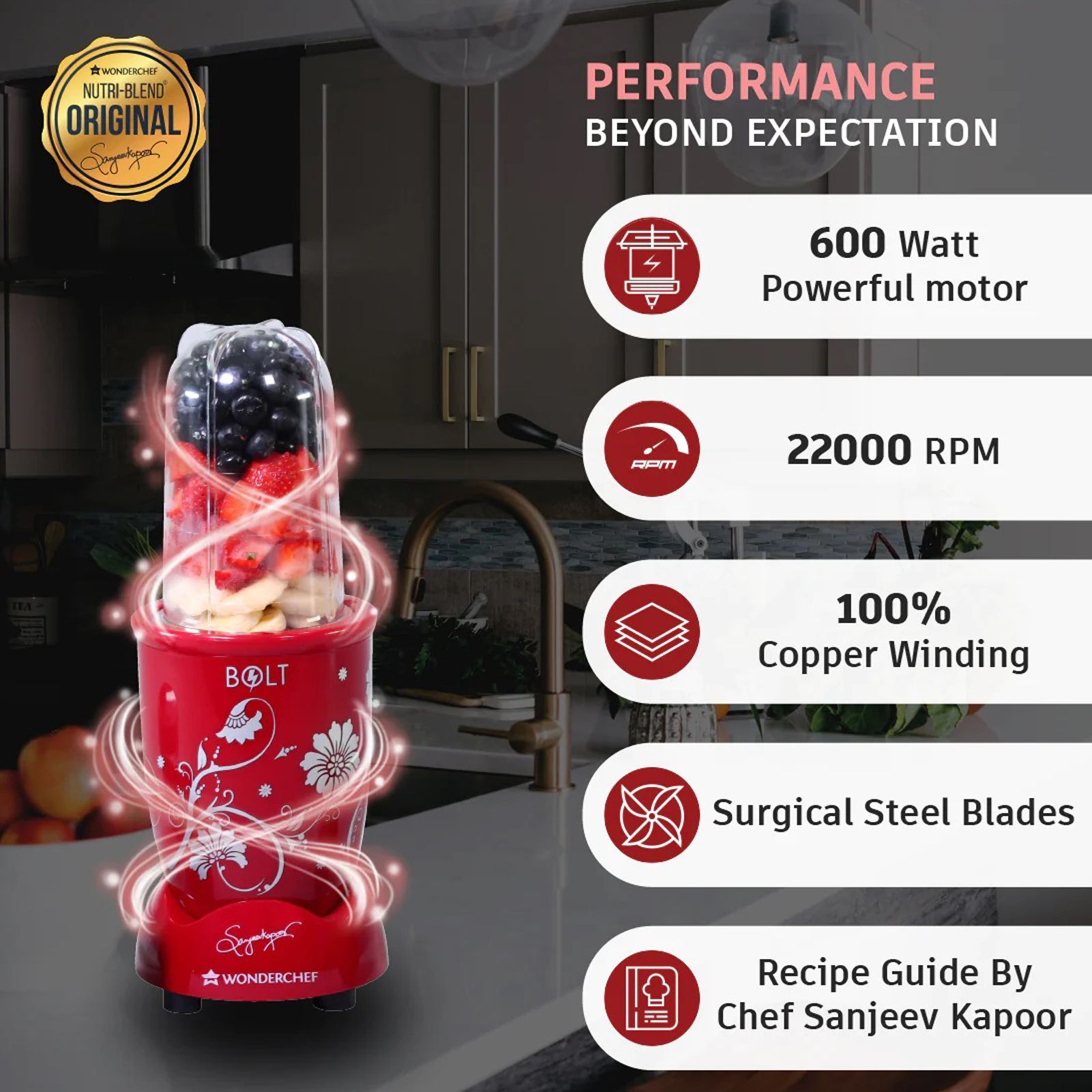WONDERCHEF Nutri-blend BOLT 600 Watt 2 Jars Mixer Grinder Blender (22000 RPM, Special Sipper Lid, Red) WONDERCHEF Nutri-blend BOLT 600 Watt 2 Jars Mixer Grinder Blender (22000 RPM, Special Sipper Lid, Red)_11