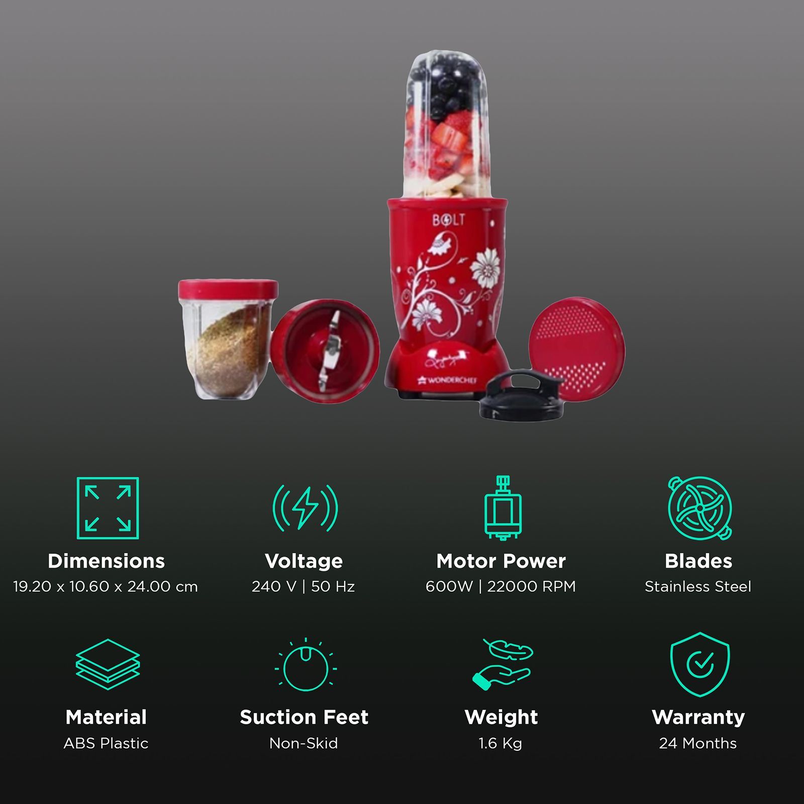 WONDERCHEF Nutri-blend BOLT 600 Watt 2 Jars Mixer Grinder Blender (22000 RPM, Special Sipper Lid, Red) WONDERCHEF Nutri-blend BOLT 600 Watt 2 Jars Mixer Grinder Blender (22000 RPM, Special Sipper Lid, Red)_2