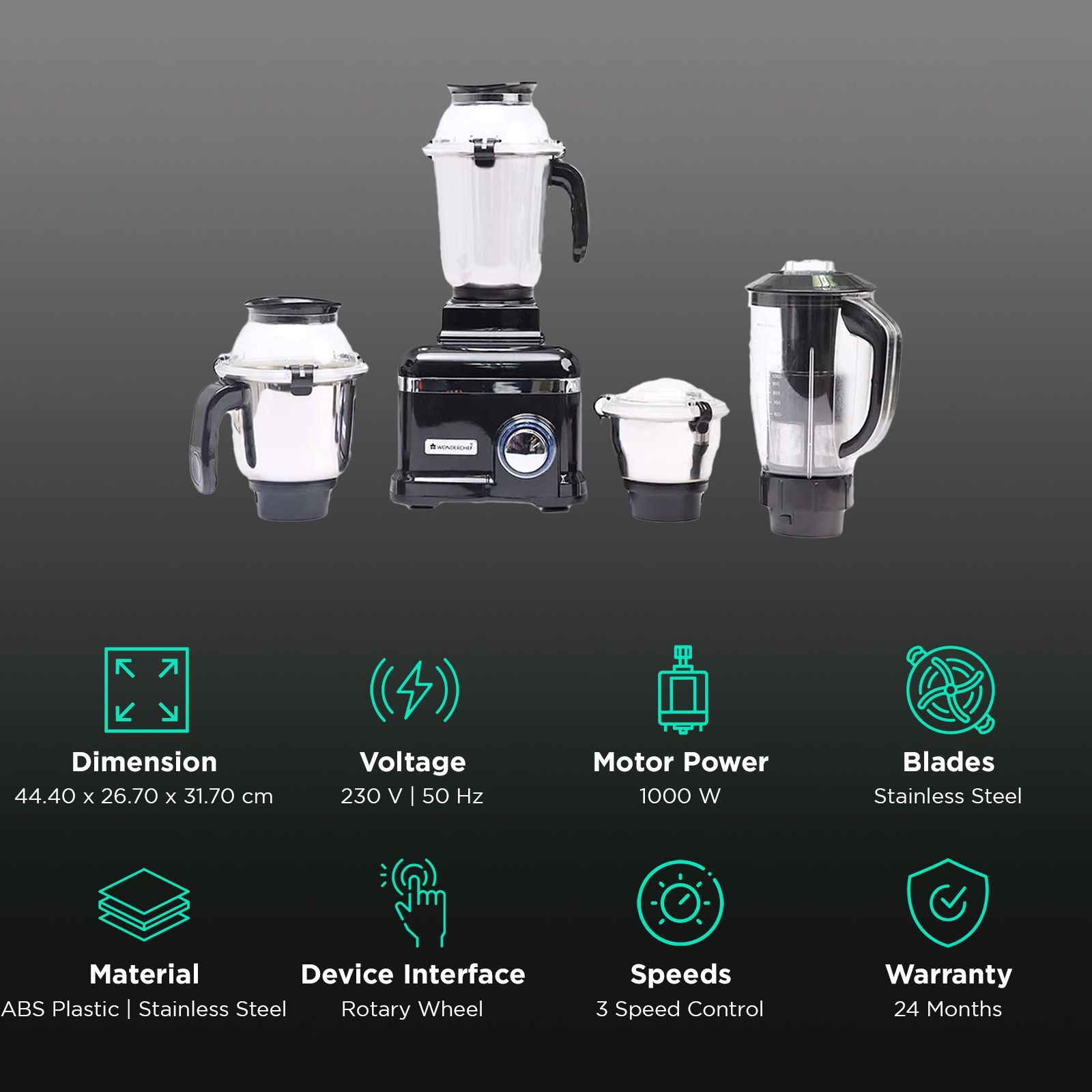 WONDERCHEF Sumo Black DLX 1000 Watt 4 Jars Mixer Grinder (Advanced Air Ventilation System, Black) WONDERCHEF Sumo Black DLX 1000 Watt 4 Jars Mixer Grinder (Advanced Air Ventilation System, Black)_3