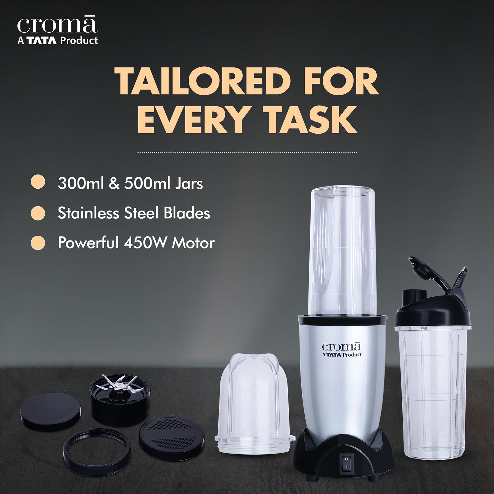 Croma Personal 450 Watt 2 Jars Mixer Grinder Blender (19000 RPM, Bullet Motor, Silver and Black)_8