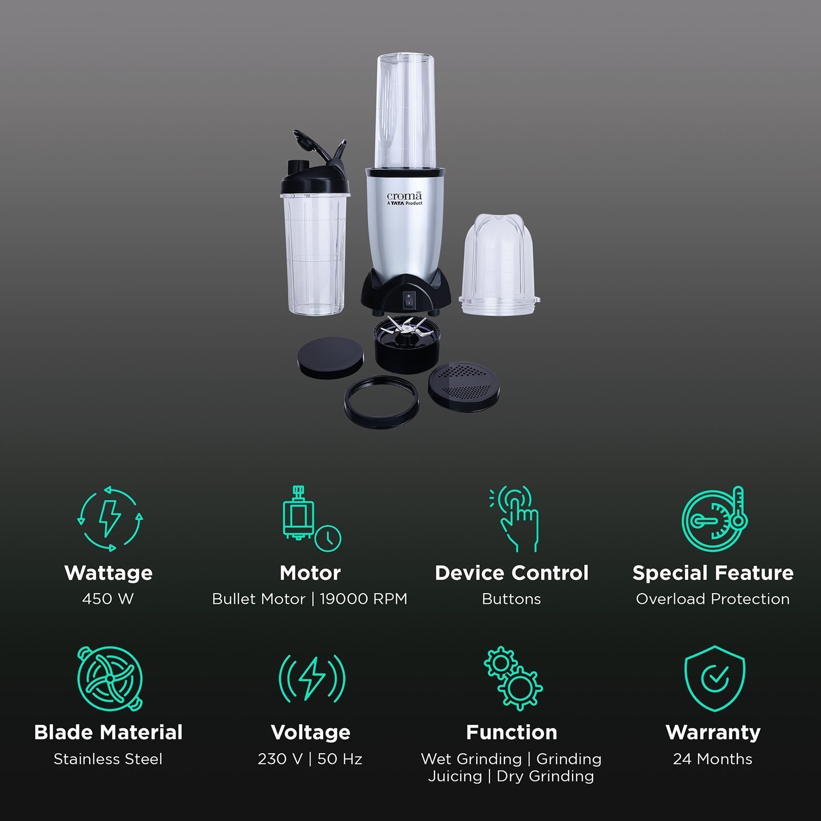 Croma Personal 450 Watt 2 Jars Mixer Grinder Blender (19000 RPM, Bullet Motor, Silver and Black)_2