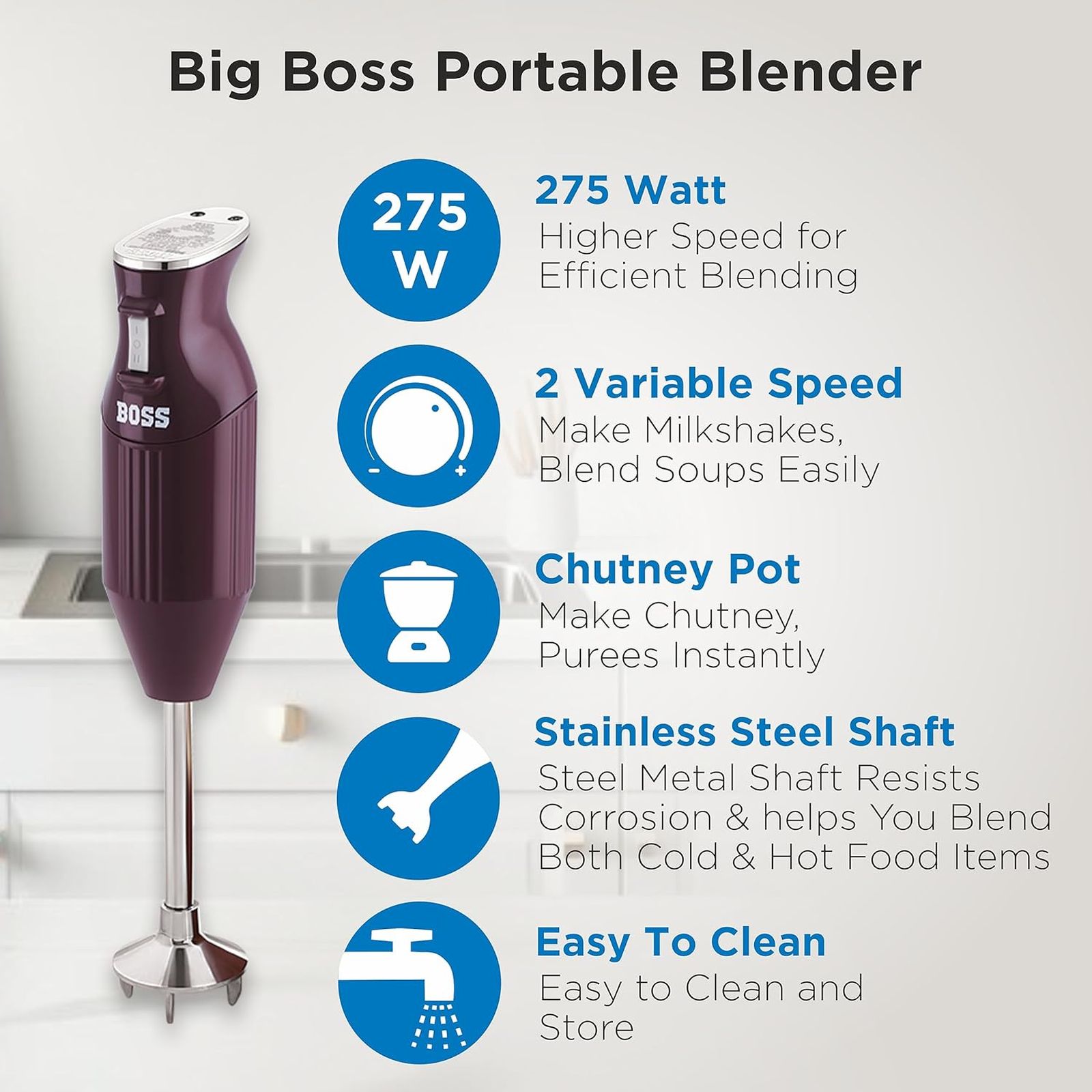 BOSS Big Boss 275 Watt 2 Speed Hand Blender with 4 Attachments (Variable Speed Control, Light Blue)_4