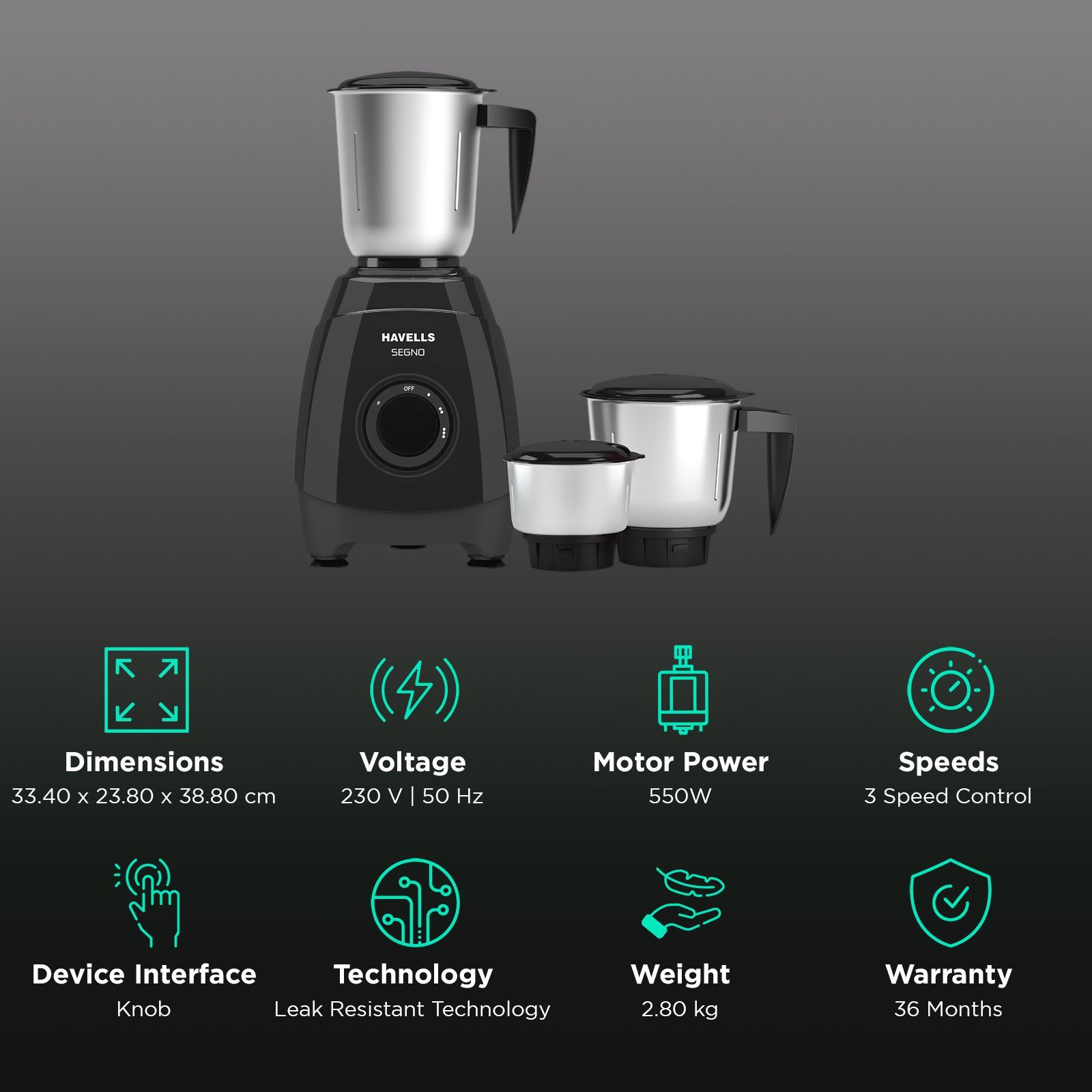 HAVELLS Segno Plus 550 Watt 3 Jars Juicer Mixer Grinder (21000 RPM, Heavy Duty Motor, Black)_2