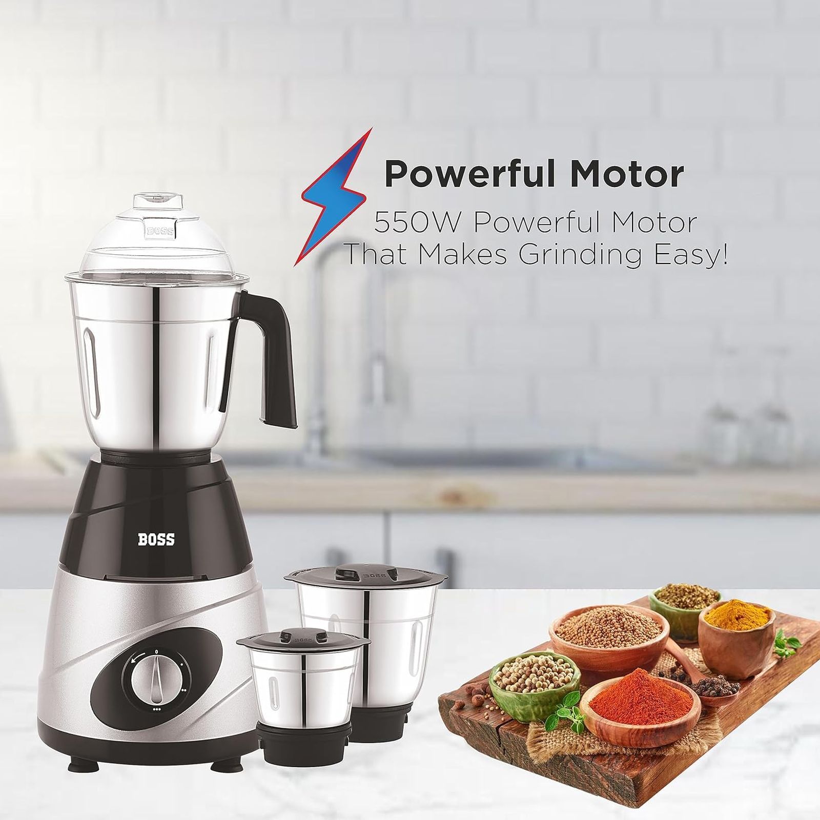 BOSS Thunder Deluxe 550 Watt 3 Jars Mixer Grinder (21000 RPM, Thunderous Performance, Black Silver)_6