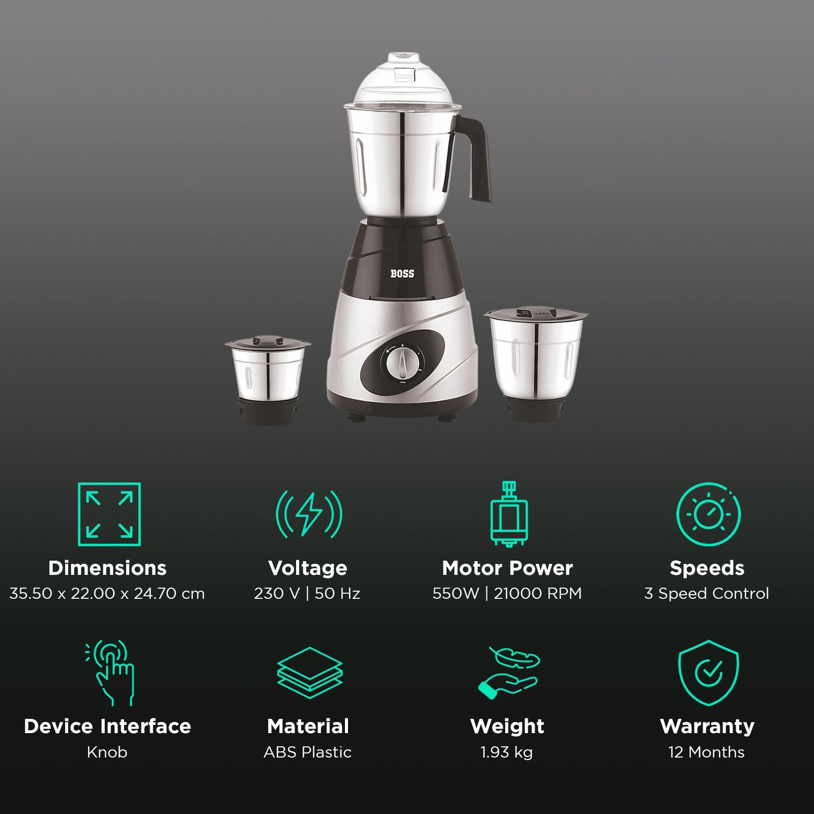 BOSS Thunder Deluxe 550 Watt 3 Jars Mixer Grinder (21000 RPM, Thunderous Performance, Black Silver)_2