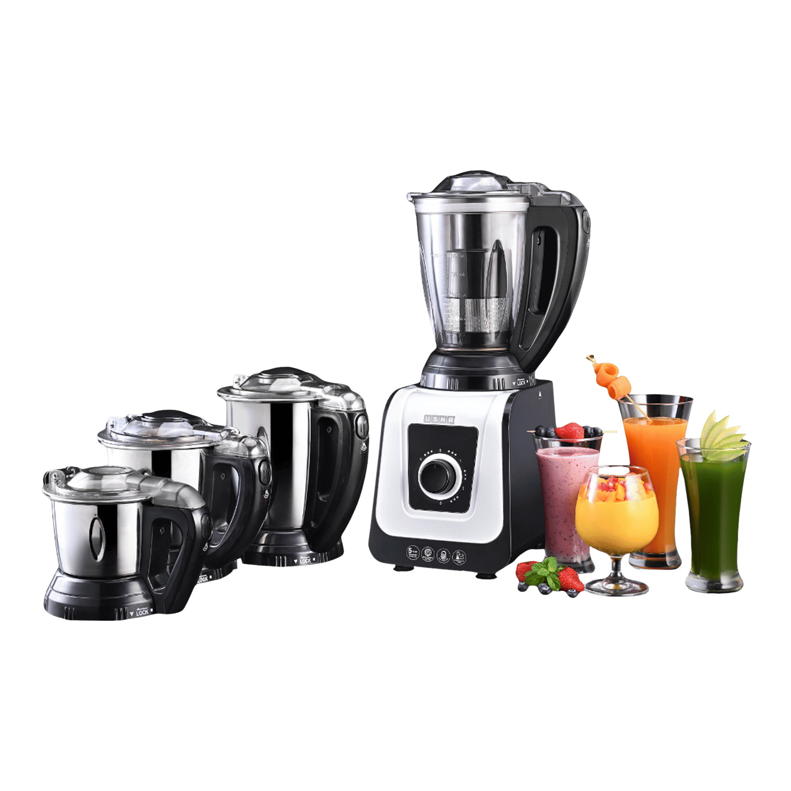 USHA iCHEF 750 Watt 4 Jars Mixer Grinder (Dual Safety Lock, White Black)_1