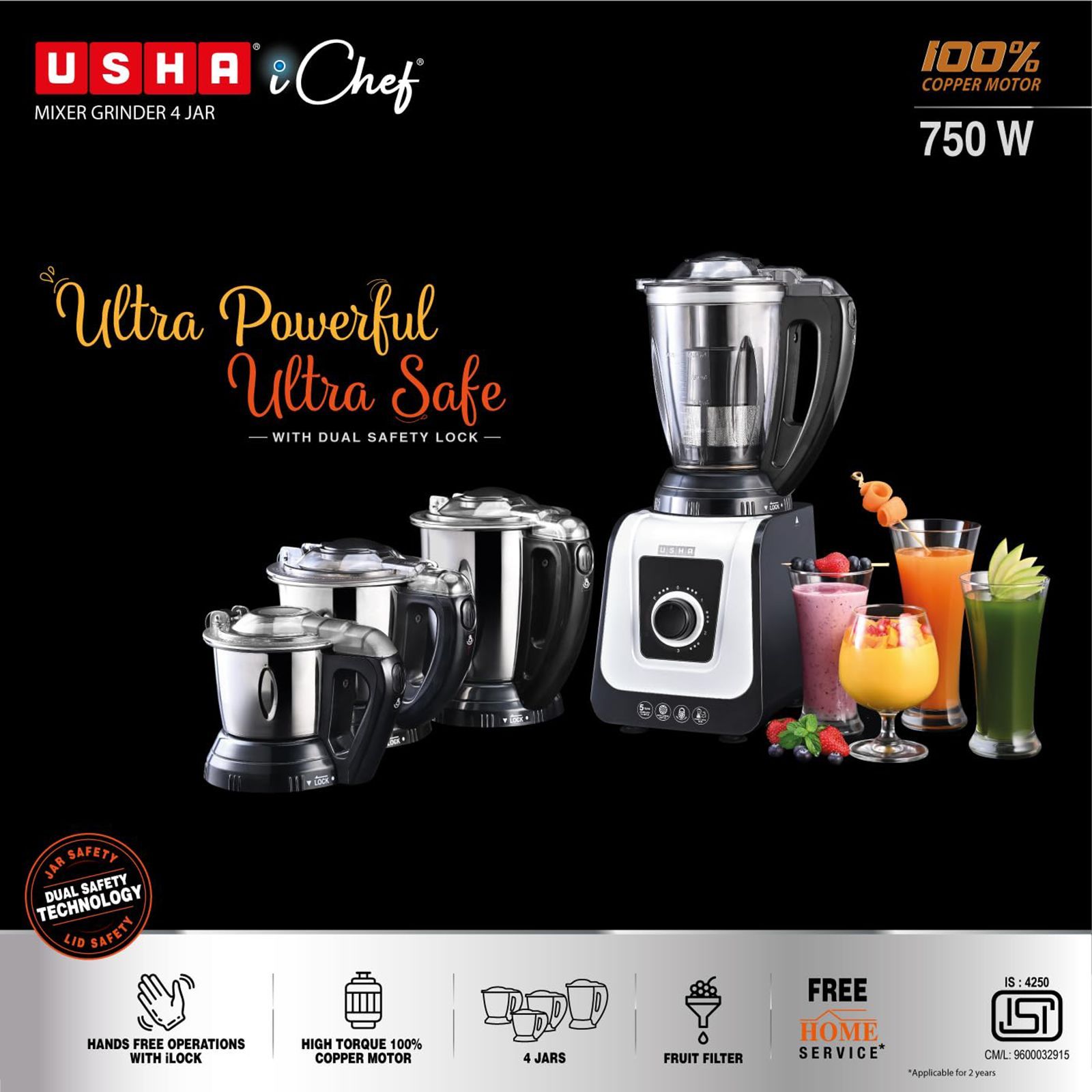 USHA iCHEF 750 Watt 4 Jars Mixer Grinder (Dual Safety Lock, White Black)_12