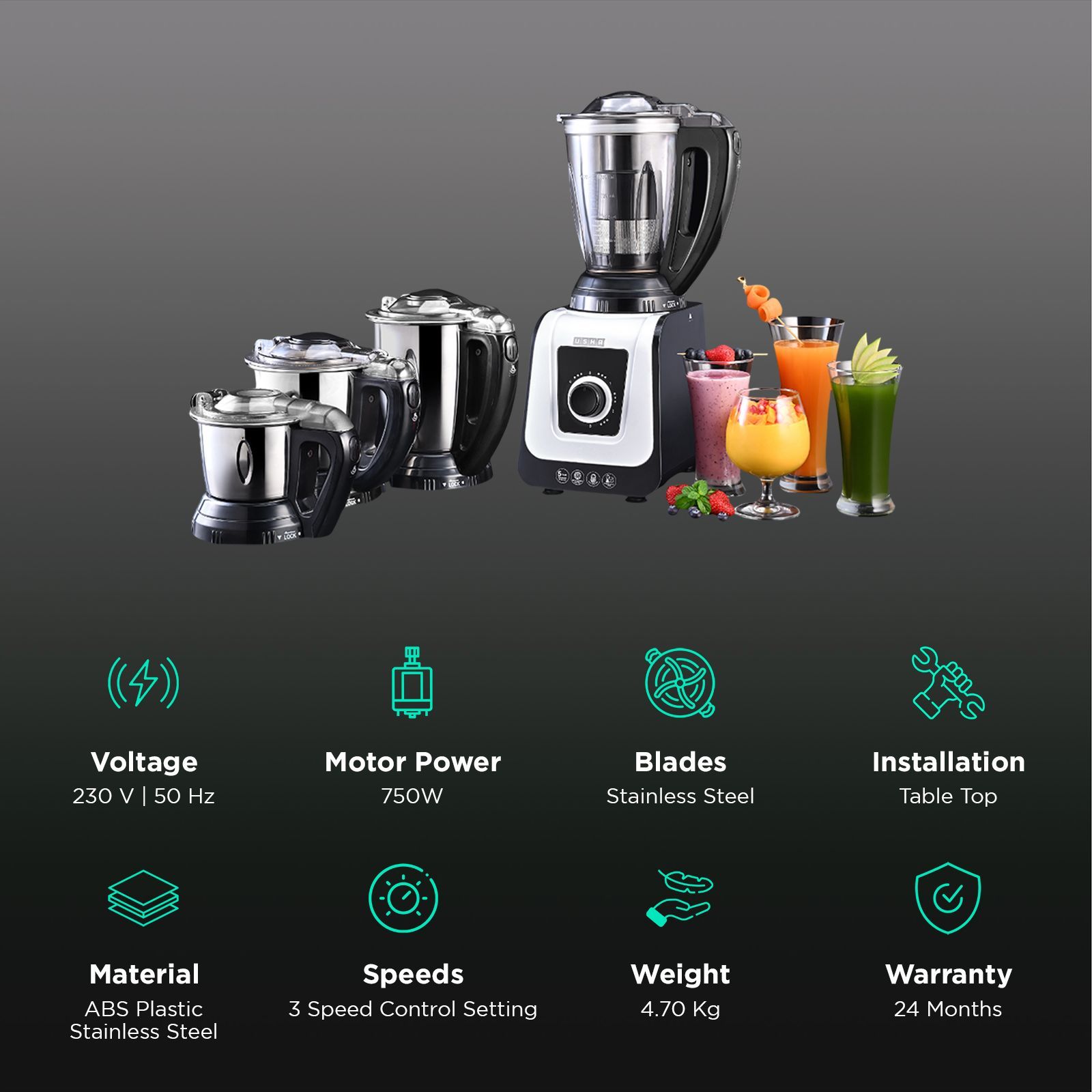 USHA iCHEF 750 Watt 4 Jars Mixer Grinder (Dual Safety Lock, White Black)_2