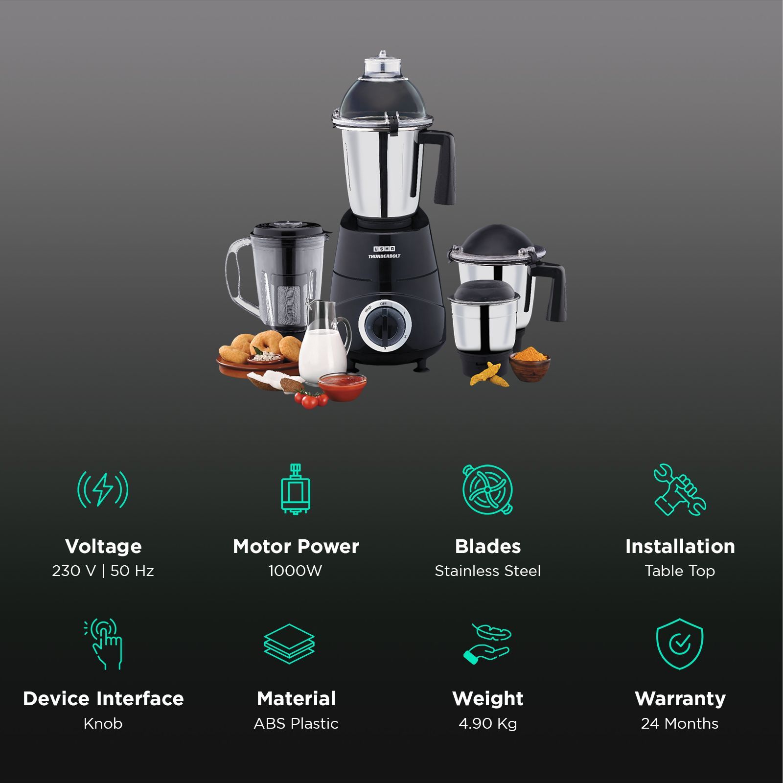USHA Thunderbolt Pro 1000 Watt 4 Jars Mixer Grinder (ABS Plastic Blade, Black)_2