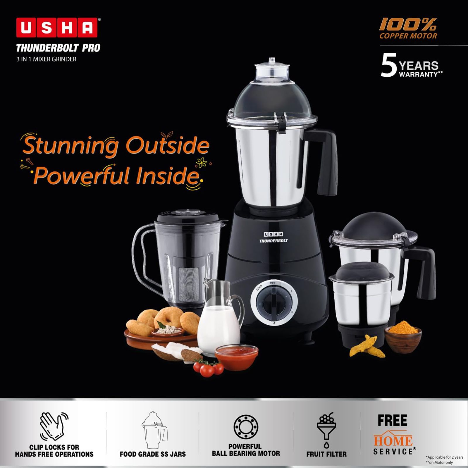 USHA Thunderbolt Pro 1000 Watt 4 Jars Mixer Grinder (ABS Plastic Blade, Black)_7