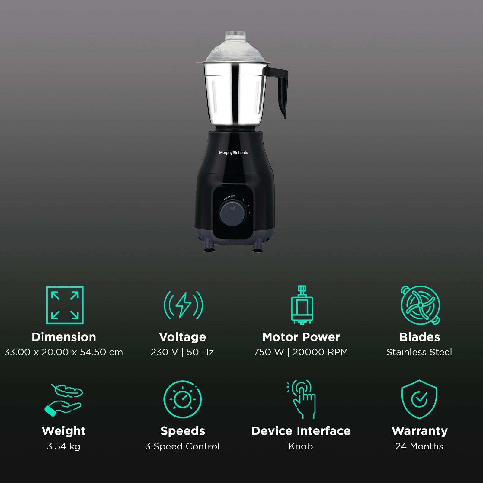 Morphy Richards Tetragrind 750 Watt 3 Jars Mixer Grinder (20000 RPM, UltronMax Motor, Black & Grey)_3