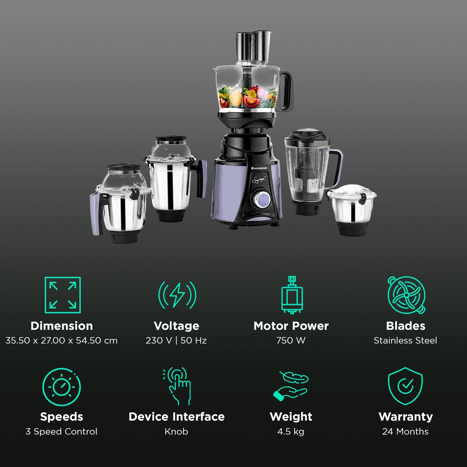 WONDERCHEF Galaxy 750 Watt 4 Jars Mixer Grinder (Copper Motor, Black & Grey)_3