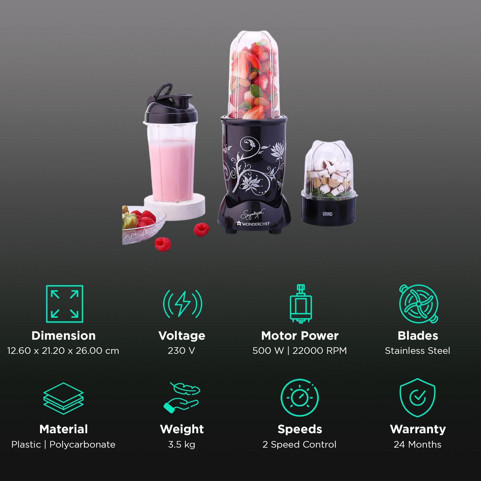 WONDERCHEF Nutri-blend 500 Watt 3 Jars Mixer Grinder Blender (22000 RPM, Copper Motor, Black)_3